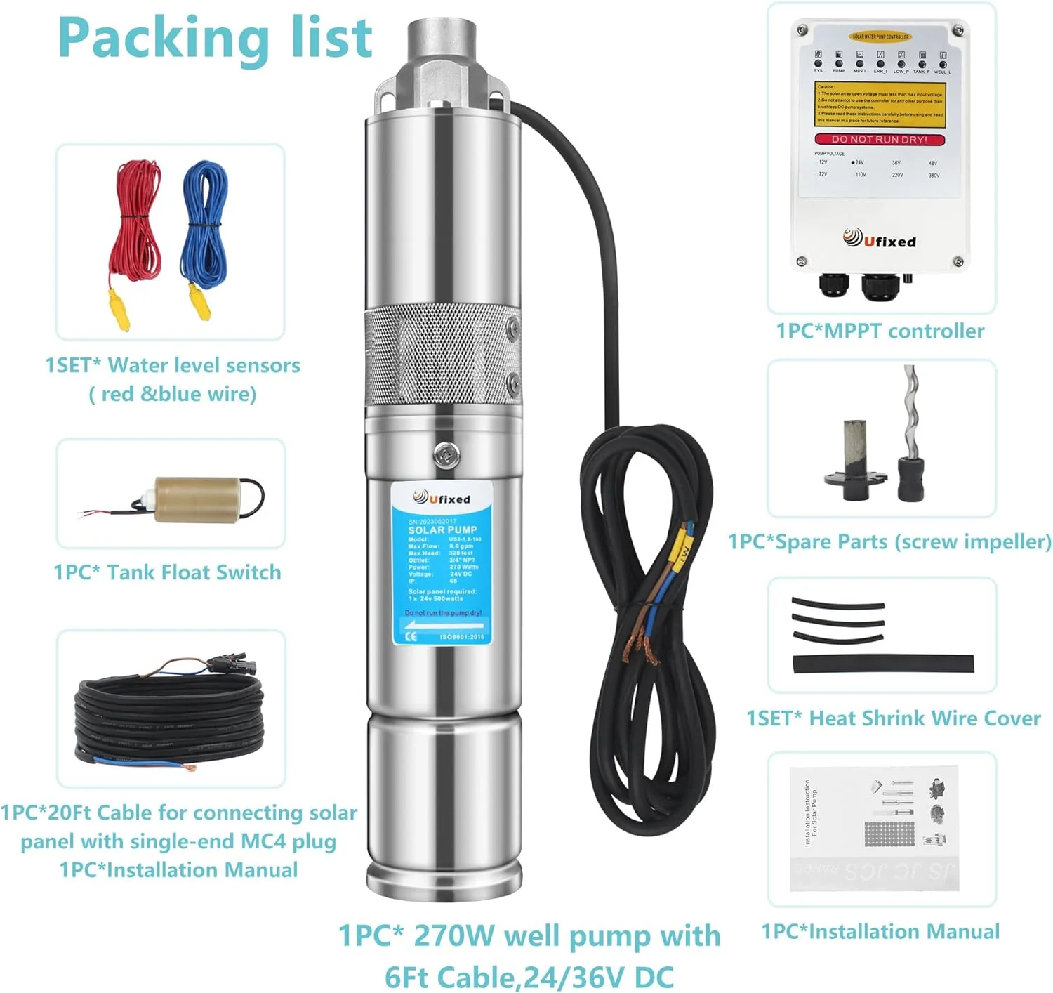 پمپ آب خورشیدی چاه عمیق Ufixed با کنترلر MPPT، پمپ آب 24 ولت، 30 لیتر در دقیقه، ارتفاع 97 متر، خروجی 19 میلی متر، توان 270 وات، پمپ آب خورشیدی استیل ضد زنگ، پمپ شناور، پمپ چاه عمیق، پمپ خورشیدی صرفه جویی در انرژی پمپ آب خورشیدی چاه عمیق Ufixed با کنترلر MPPT، پمپ آب 24 ولت، 30 لیتر در دقیقه، ارتفاع 97 متر، خروجی 19 میلی متر، توان 270 وات، پمپ آب خورشیدی استیل ضد زنگ، پمپ شناور، پمپ چاه عمیق، پمپ خورشیدی صرفه جویی در انرژی