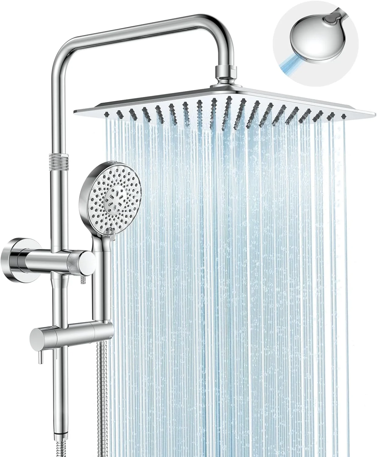 سردوش حمام تمام فلزی MakeFit با سردوشی دستی - سردوش بارانی 10 اینچی فشار قوی، سردوشی دستی 9 حالته با بازوی اکستنشن قابل تنظیم ارتفاع و میله لغزنده - کروم