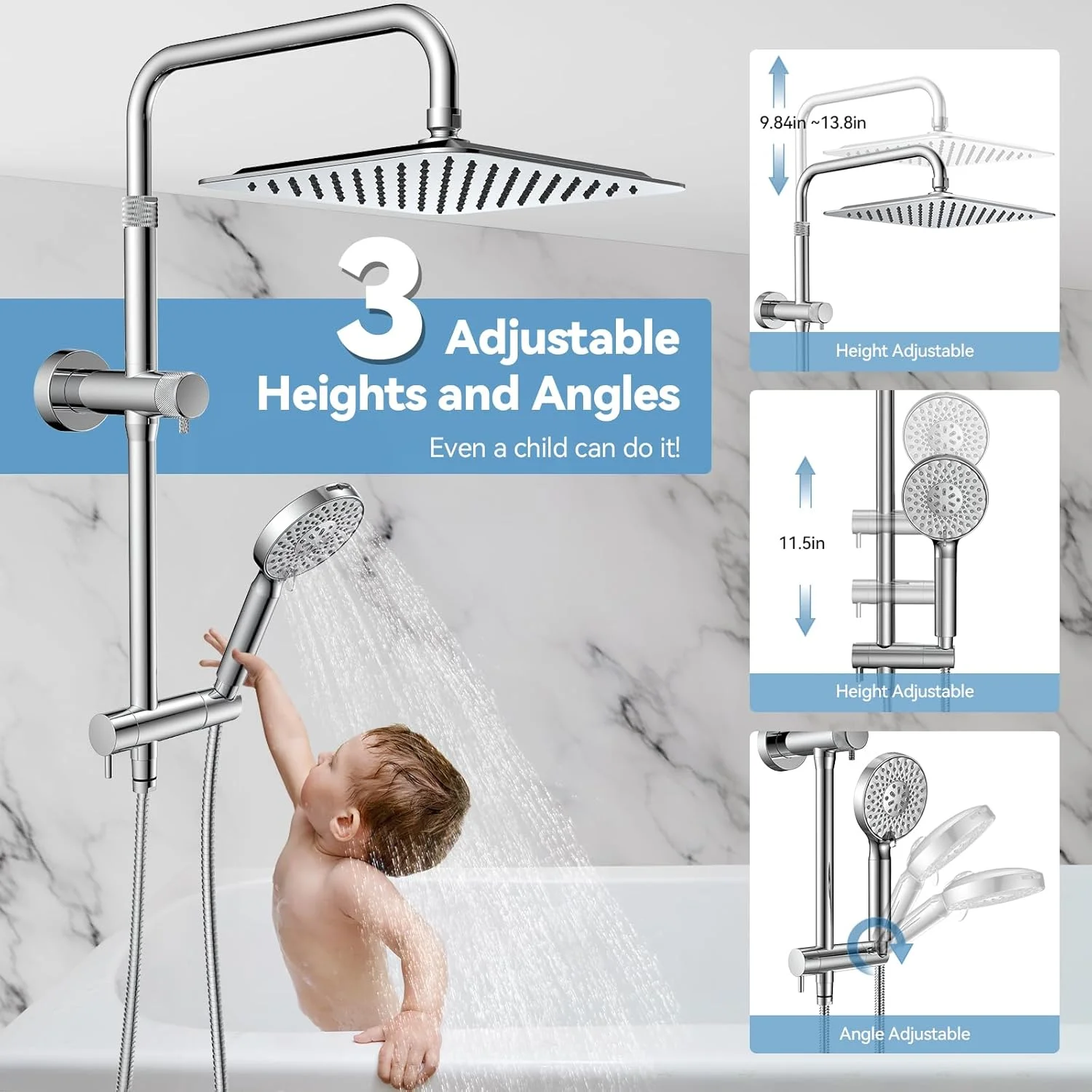 سردوش حمام تمام فلزی MakeFit با سردوشی دستی - سردوش بارانی 10 اینچی فشار قوی، سردوشی دستی 9 حالته با بازوی اکستنشن قابل تنظیم ارتفاع و میله لغزنده - کروم
