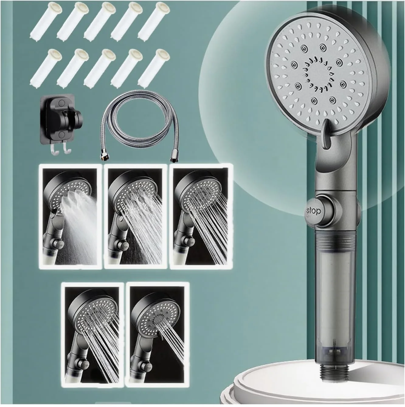 سردوش فیلتردار 5 حالته فشار قوی 𝐇𝐲𝐝𝐫𝐨𝐁𝐨𝐨𝐬𝐭، سردوش 𝐇𝐲𝐝𝐫𝐨𝐁𝐨𝐨𝐬𝐭 با قابلیت استفاده دستی، دارای سیستم شستشوی قوی داخلی برای آب سخت به همراه 10 فیلتر اضافی (نقره ای)