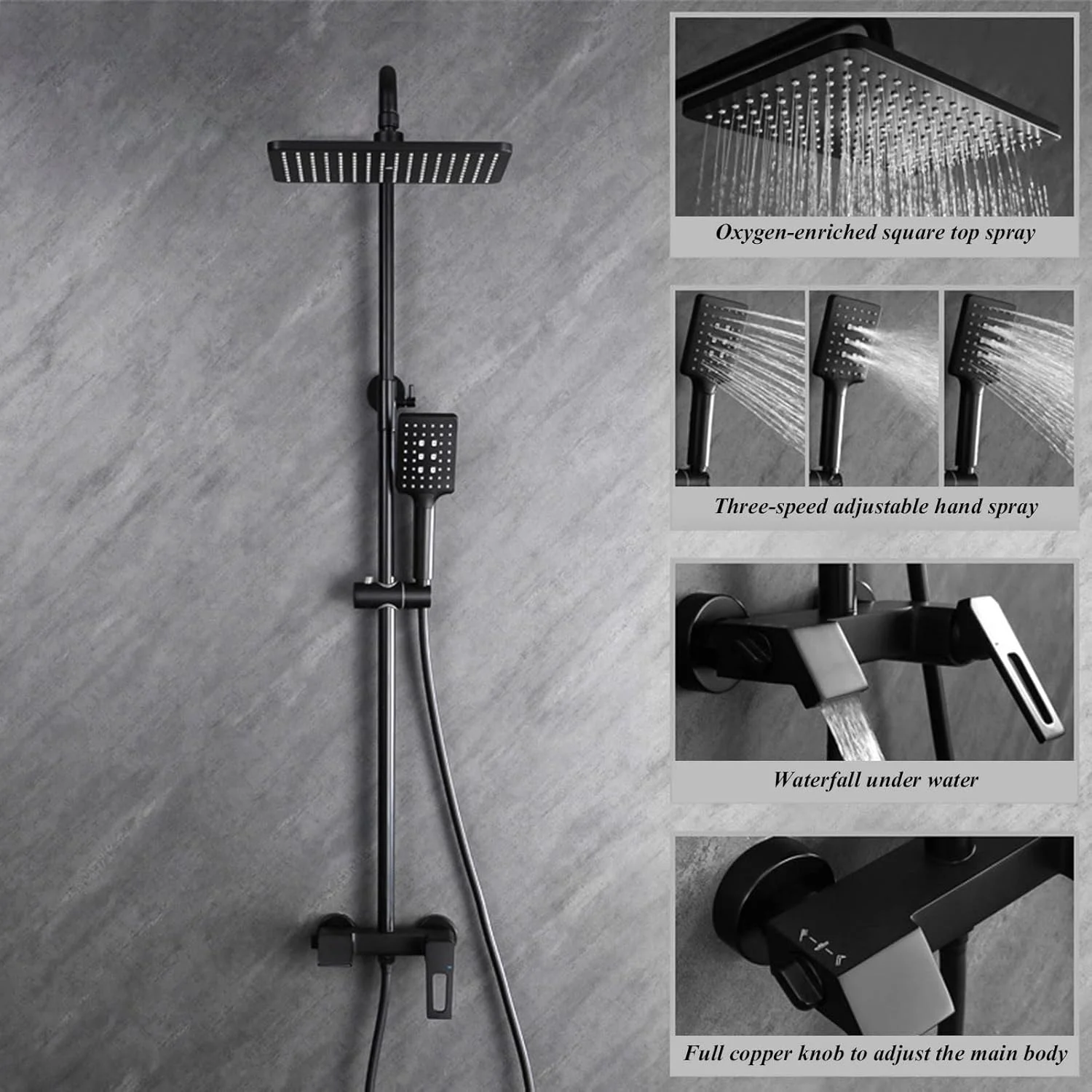 سردوش بارانی فشار قوی 5 حالته با سردوش دستی دوگانه 3 طرفه به همراه نگهدارنده/شلنگ، مشکی