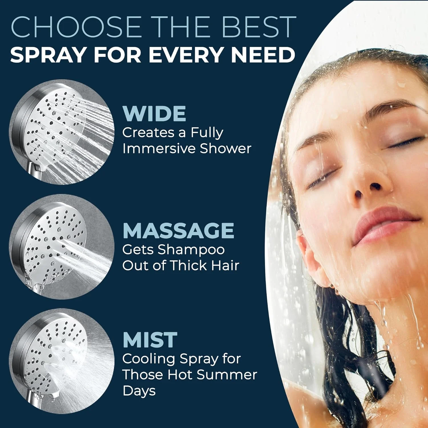 سردوش دستی تمام فلزی 3 حالته همرهد شاورز | انتخاب از بین حالت های پهن، ماساژ و مه پاش | جریان بالای 2.5 GPM (نیکل برس خورده)