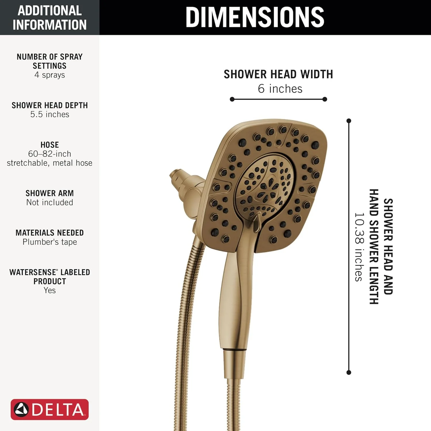 سردوش دوگانه دلتا In2ition با 4 حالت و اسپری دستی، سردوش جداشدنی طلایی برس خورده با شلنگ، نرخ جریان 1.75 GPM، برنز شامپاین مدل 58498-CZ