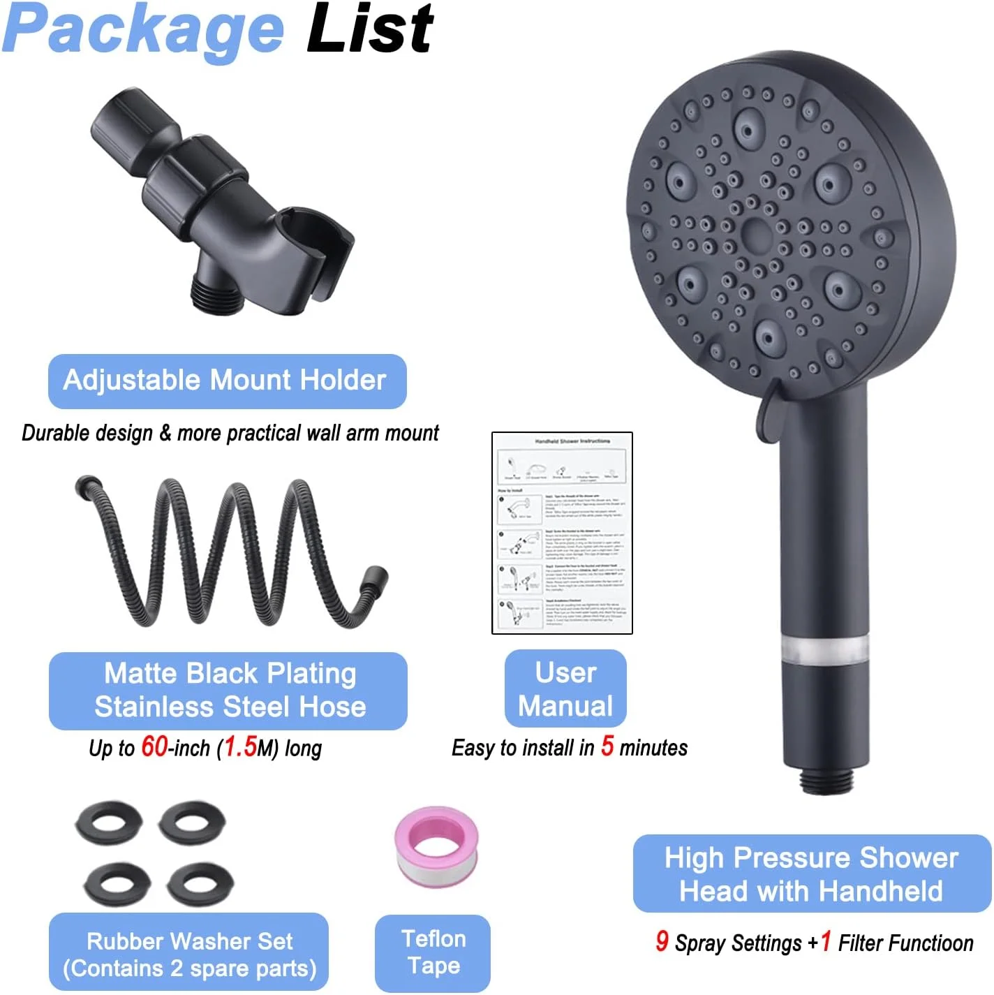 سردوش فیلتردار Acbaeta به همراه گوشی دستی، سردوش فشار قوی، 9 حالت اسپری، سردوش با شلنگ 60 اینچی و براکت، سردوش با 2 فیلتر برای آب سخت (مشکی)