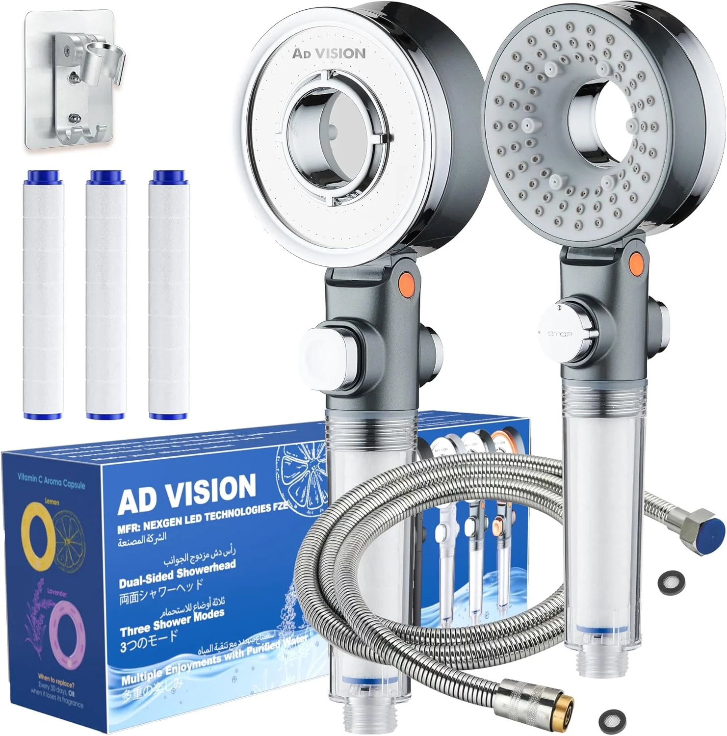 سردوش فیلتردار فشار قوی AD-VISION SGS | حذف کلر، مناسب برای آب سخت و ریزش مو | 3 حالت با تنظیم جریان و مکث | دو طرفه (کیت ارتقاء همه کاره - خاکستری تفنگی)