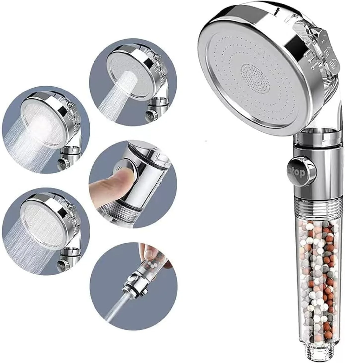 سردوش یونی، سردوش فیلتردار، سردوش دستی قابل تنظیم با 3 حالت پاشش و فشار قوی، سردوش دستی فیلتردار برای لوازم حمام، شامل یک بسته توپک های معدنی اضافی