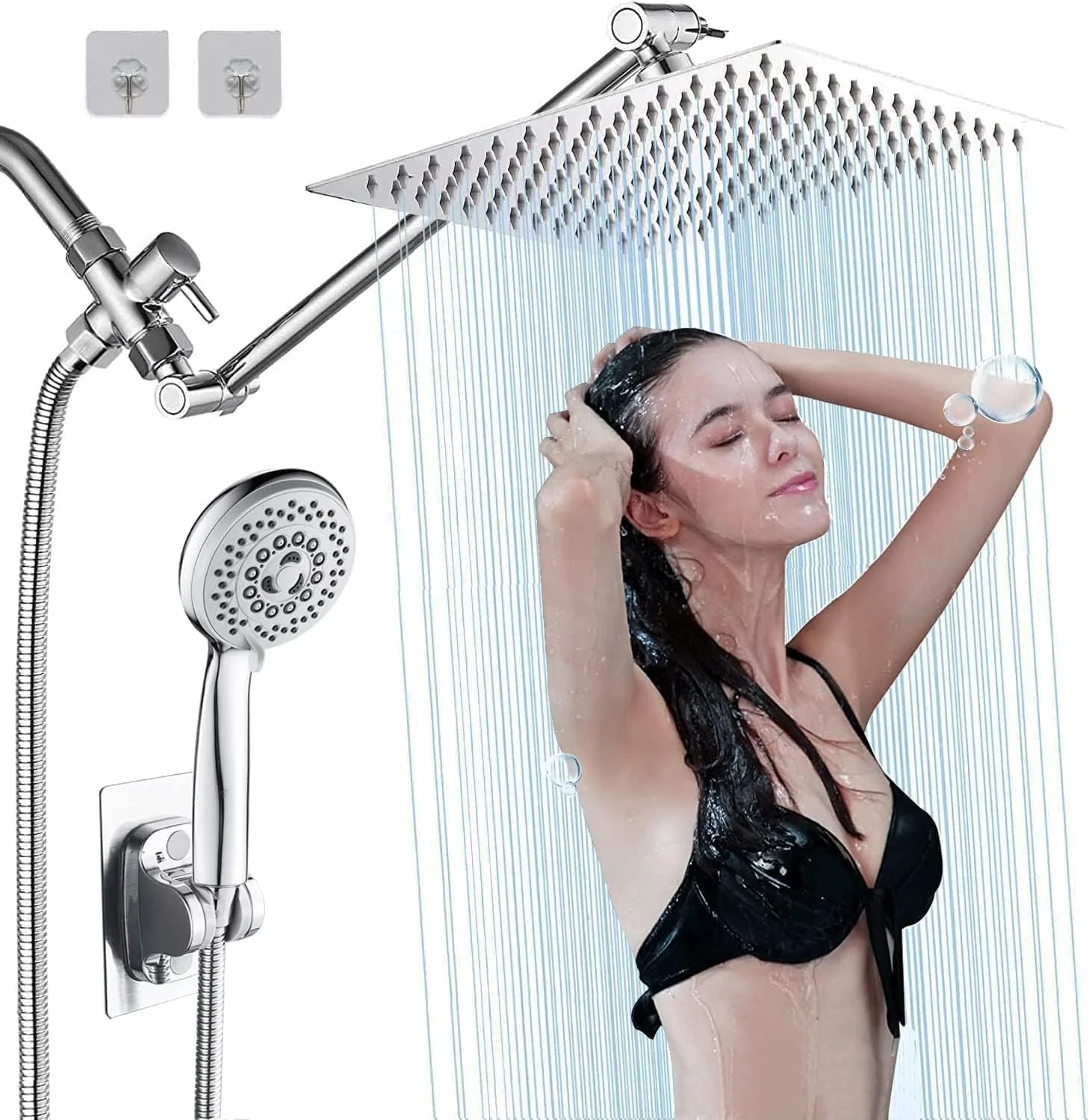 سردوش بارانی، سردوش بارانی فشار قوی 10 اینچی با بازوی اکستنشن قابل تنظیم 11 اینچی و ست دوشی دستی 5 حالته با نگهدارنده، شلنگ جمع شونده 78 اینچی، تنظیم کننده جریان، کروم