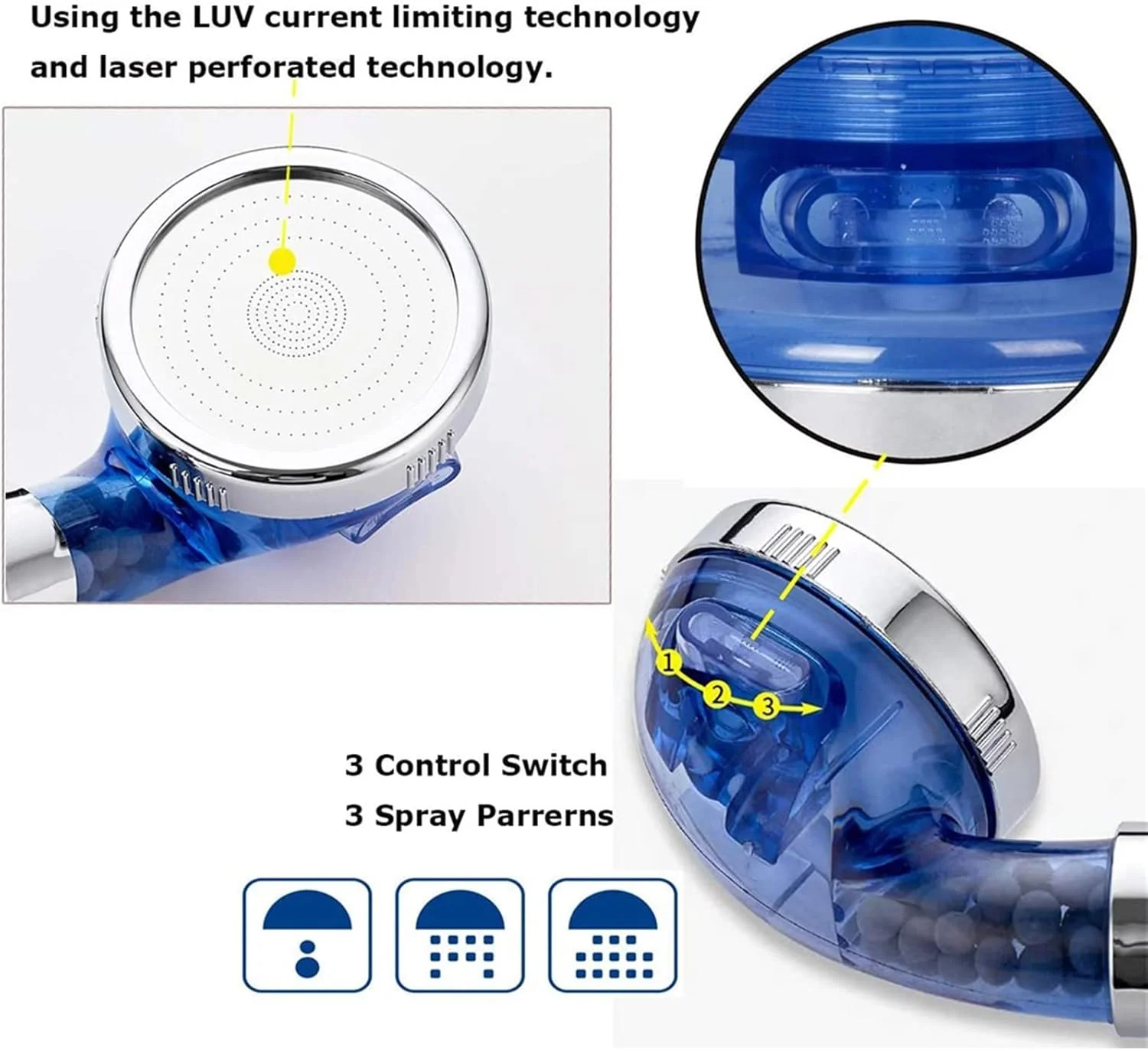 سردوش حمام SIKREA با 3 حالت قابل تنظیم، سردوش دستی حمام، صرفه جویی در آب تحت فشار، فیلتر مواد معدنی آنیونی، سردوش فشار قوی (رنگ: آبی)