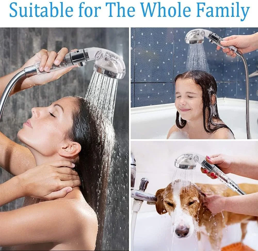 سردوش یونی، سردوش فیلتردار، سردوش دستی قابل تنظیم با 3 حالت پاشش و فشار قوی، سردوش دستی فیلتردار برای لوازم حمام، شامل یک بسته توپک های معدنی اضافی