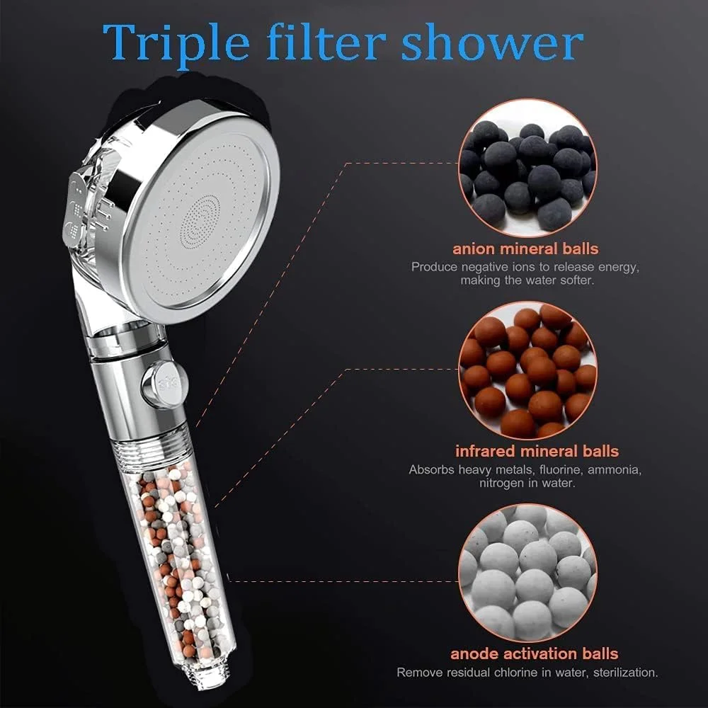 سردوش یونی، سردوش فیلتردار، سردوش دستی قابل تنظیم با 3 حالت پاشش و فشار قوی، سردوش دستی فیلتردار برای لوازم حمام، شامل یک بسته توپک های معدنی اضافی