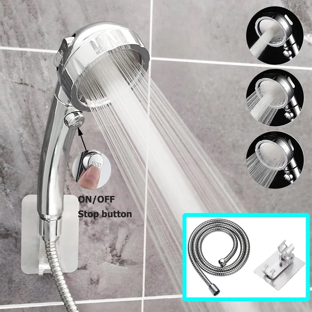 سردوش حمام نقره ای مشکی قابل تنظیم با 3 حالت، سردوش دستی فشار قوی، مجموعه سردوش حمام تحت فشار به همراه شلنگ، سردوش مشکی