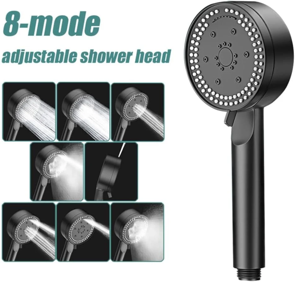 سردوش حمام با 8 حالت قابل تنظیم، صرفه جویی در مصرف آب، رنگ مشکی، سردوش دستی ماساژور، لوازم جانبی حمام