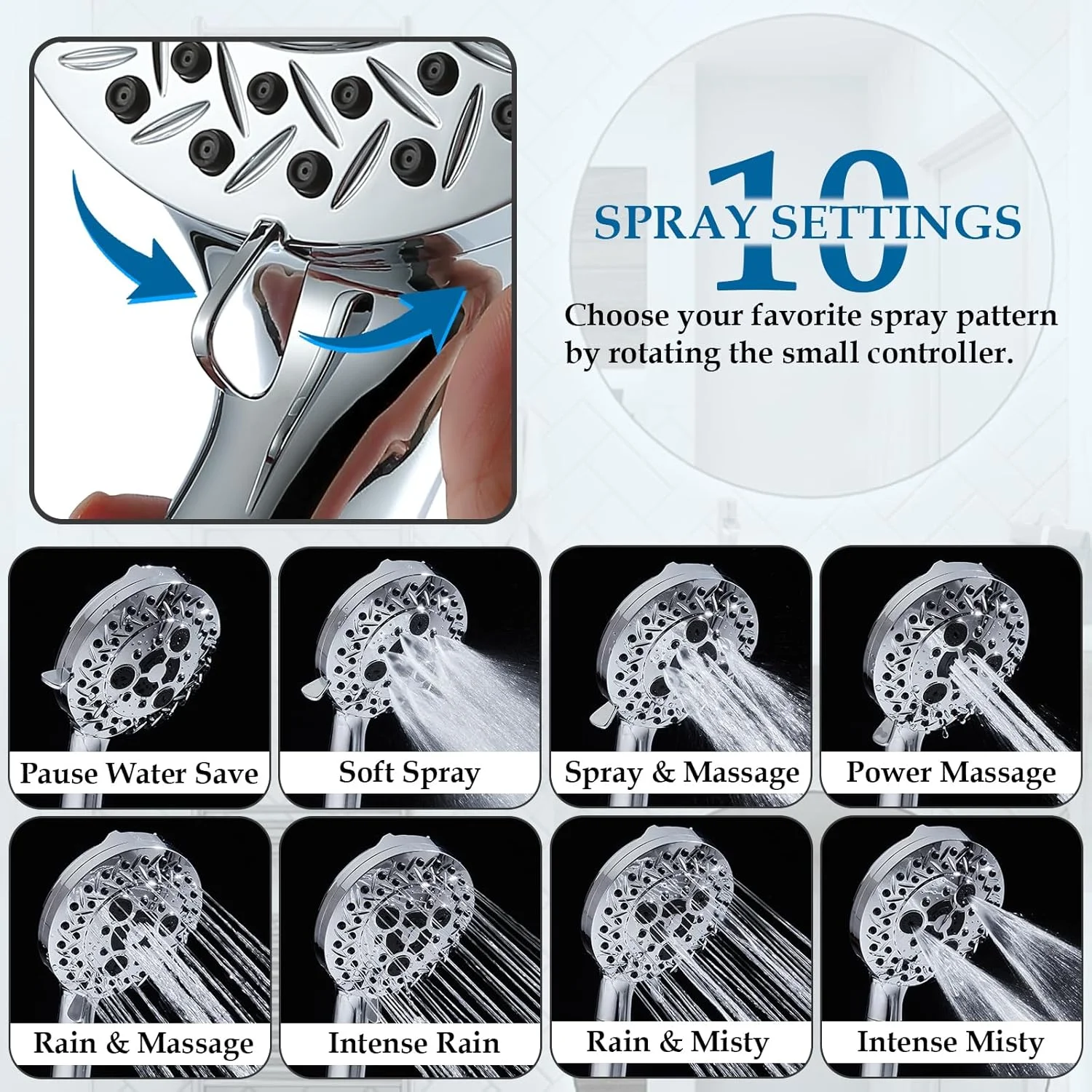 سری دوش دستی Aiscsc با 10 حالت، سردوش 5 اینچی با فشار بالا شامل 2 حالت شستشوی قدرتمند برای تمیز کردن حمام، مجموعه سردوش دستی با شلنگ استیل ضد زنگ و فیلتر برای آب سخت