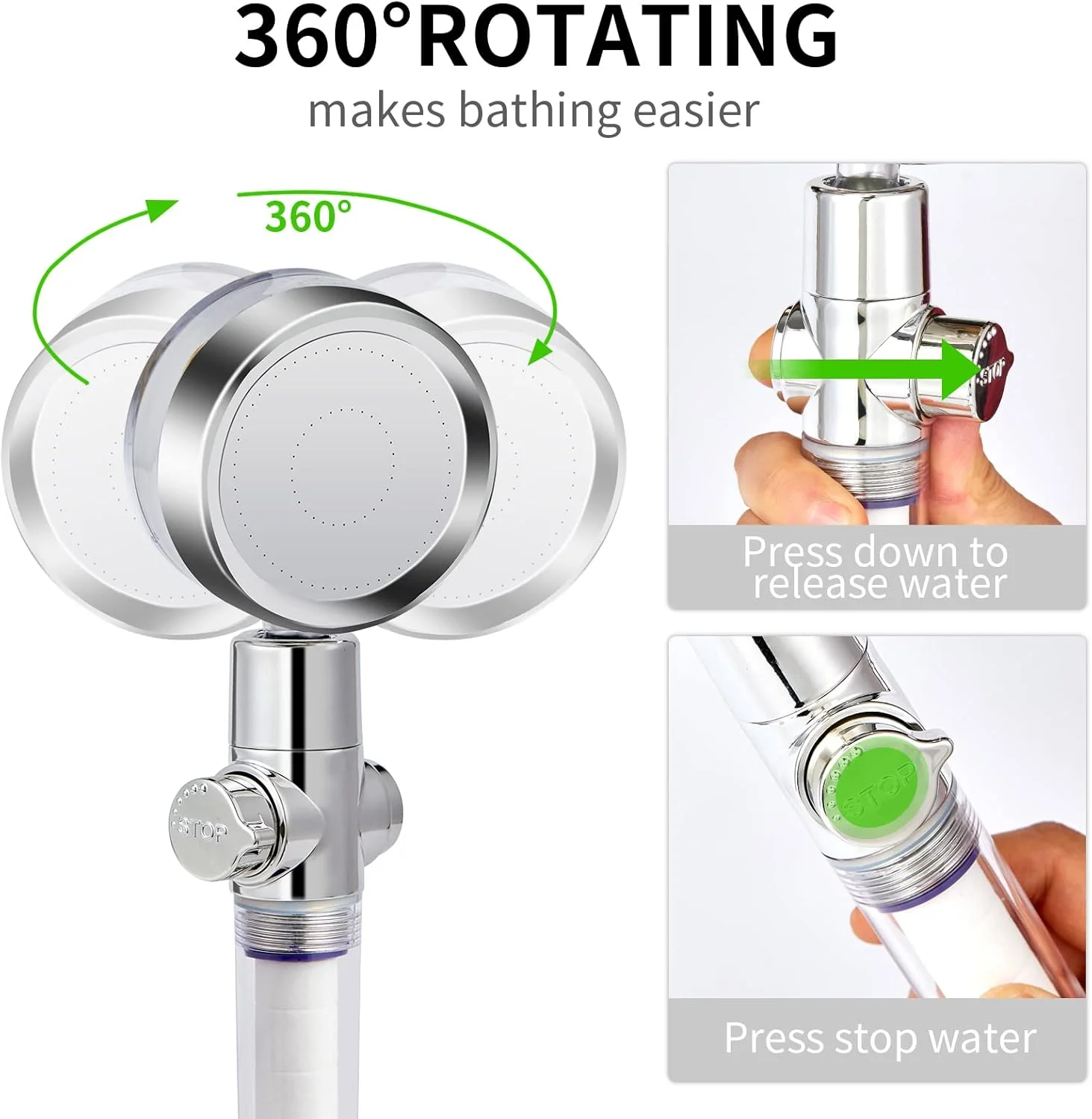 سردوش چرخشی 360 درجه جداشدنی AISIERONE با اسپری قدرتمند، سردوش فن توربو دستی، نصب آسان، صرفه جویی در آب با فیلتر و دکمه توقف