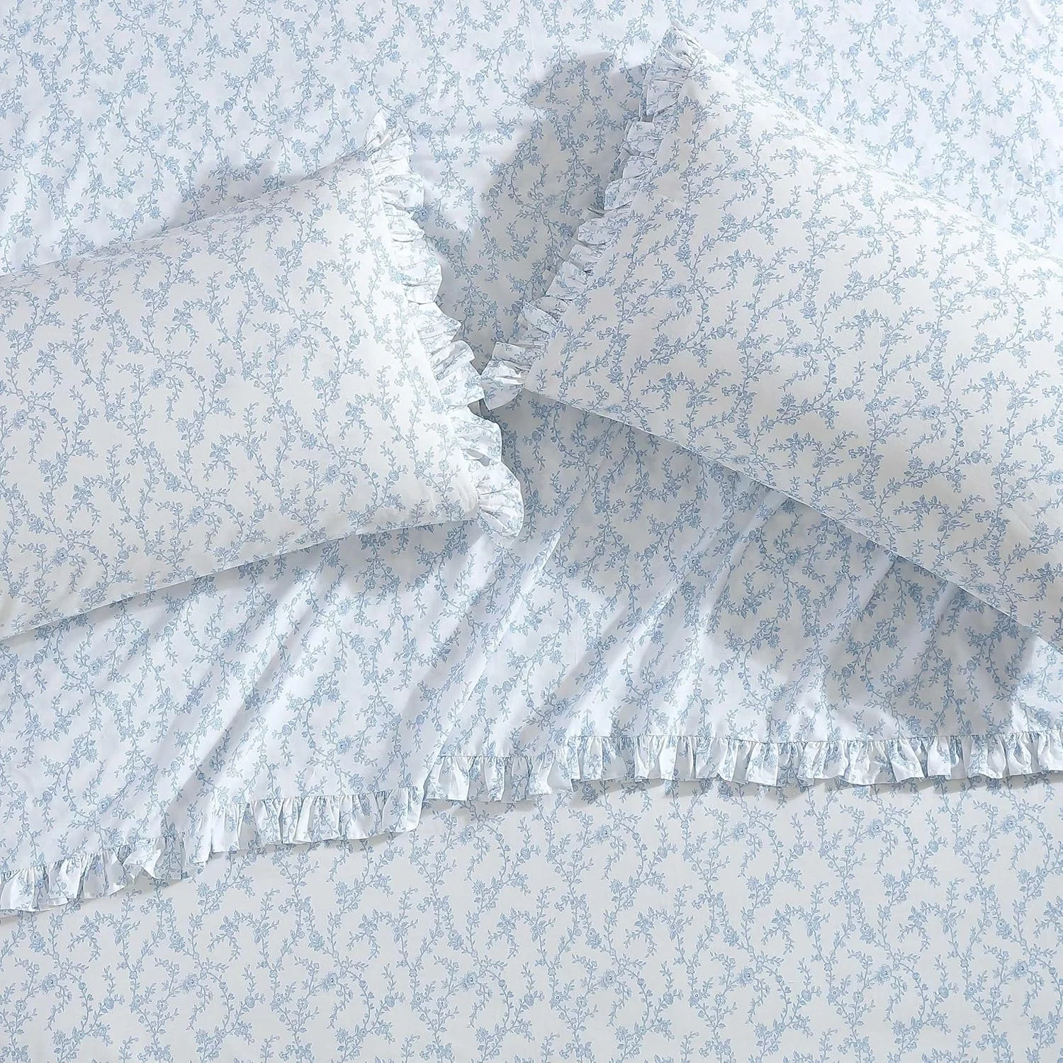 ست ملحفه یک نفره بزرگ لورا اشلی - ملحفه نخی پرکال تنفسی، تراکم بافت 200، دکوراسیون گلدار منزل (ویکتوریا آبی، یک نفره بزرگ)