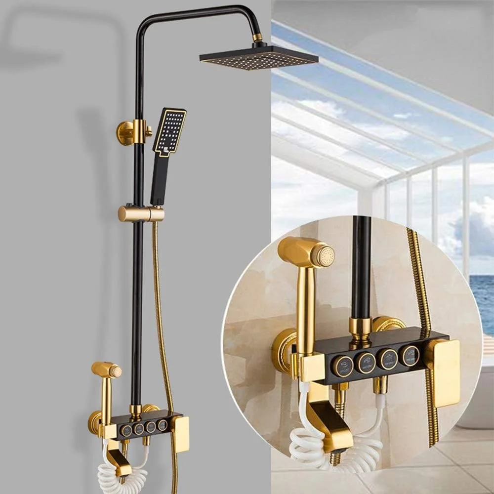 ست دوش حمام مدرن تمکین، آلومینیوم فضایی، طلایی مشکی، 4 عملکرد، دارای بیده، سیستم دوش دستی، سر دوش حمام تحت فشار، شیرآلات ظریف