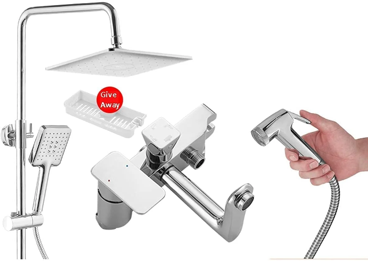 سردوش بارانی ALQYQGrain و سیستم دوش دستی، سردوش بارانی سقفی 26 سانتی متری، مجموعه شیرآلات دوقلو روکار حمام، سفید (رنگ: سفید)