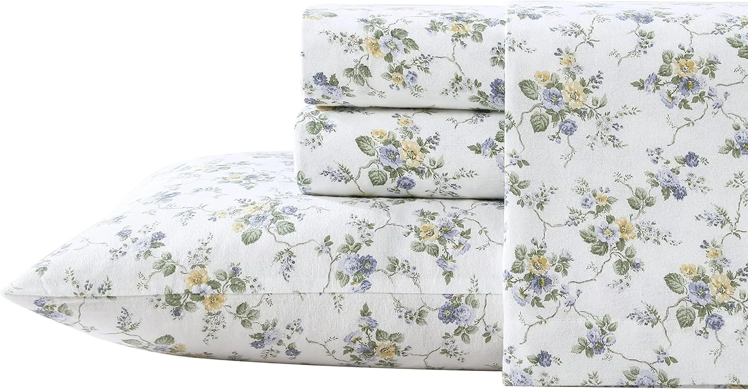 Laura Ashley Home - مجموعه فلانل - ست ملحفه - 100% پنبه، فلانل برس خورده فوق العاده نرم، از قبل آب رفته و ضد پرز، قابل شستشو در ماشین لباسشویی، نگهداری آسان، کینگ، Le Fleur