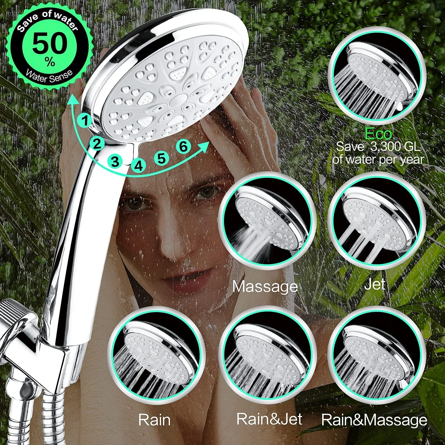 سردوش حمام AmasSmile® با شلنگ و بست، 6 حالت تنظیمات فشار قوی صرفه جویی در آب سردوش دستی برای حمام و RV، کروم سردوش حمام AmasSmile® با شلنگ و بست، 6 حالت تنظیمات فشار قوی صرفه جویی در آب سردوش دستی برای حمام و RV، کروم