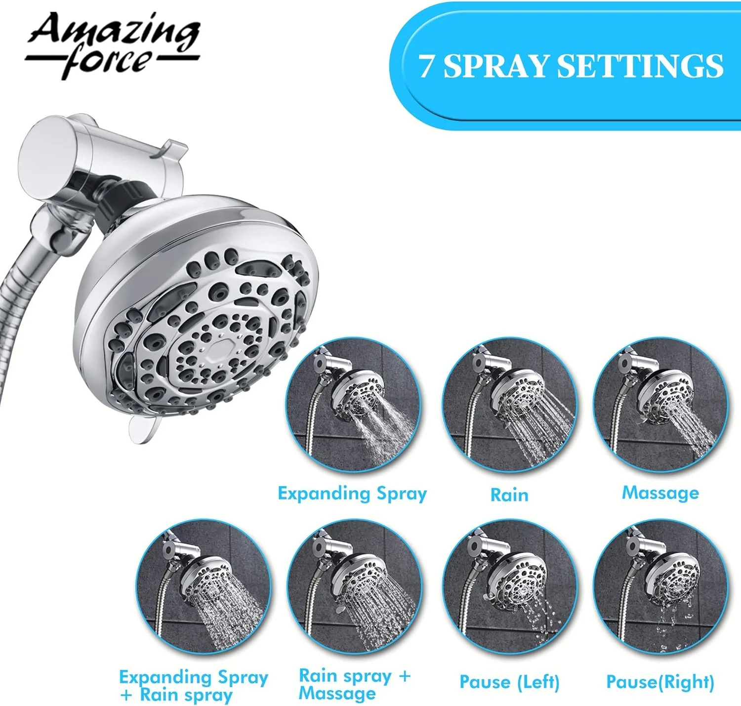سردوش های دستی AMAZING FORCE با ترکیب اسپری، سردوش دستی فشار قوی با 7 حالت اسپری، سیستم سردوش 2 در 1 شیلنگ دوش استیل ضد زنگ فوق العاده بلند