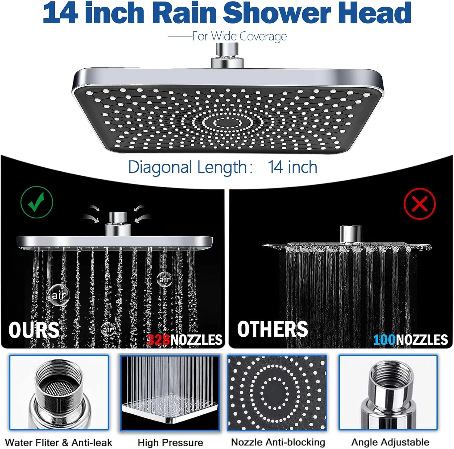 سردوش بارانی 14 اینچی Ashwanth به همراه اسپری دستی فشار قوی، سردوش بارانی با 328 نازل و شلنگ 70 اینچی به همراه بازوی قابل تنظیم