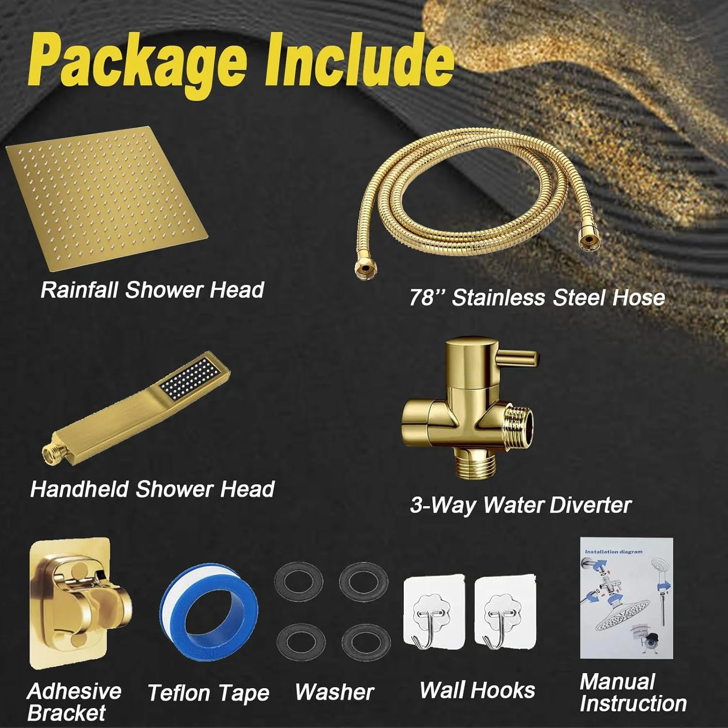 سردوش بارانی مربعی فشار قوی 2 در 1 و سردوشی دستی AWAXFOLO مجهز به شلنگ 78 اینچی، شیر سه راهی و نگهدارنده سردوش چسبی. (مجموعه Ca)