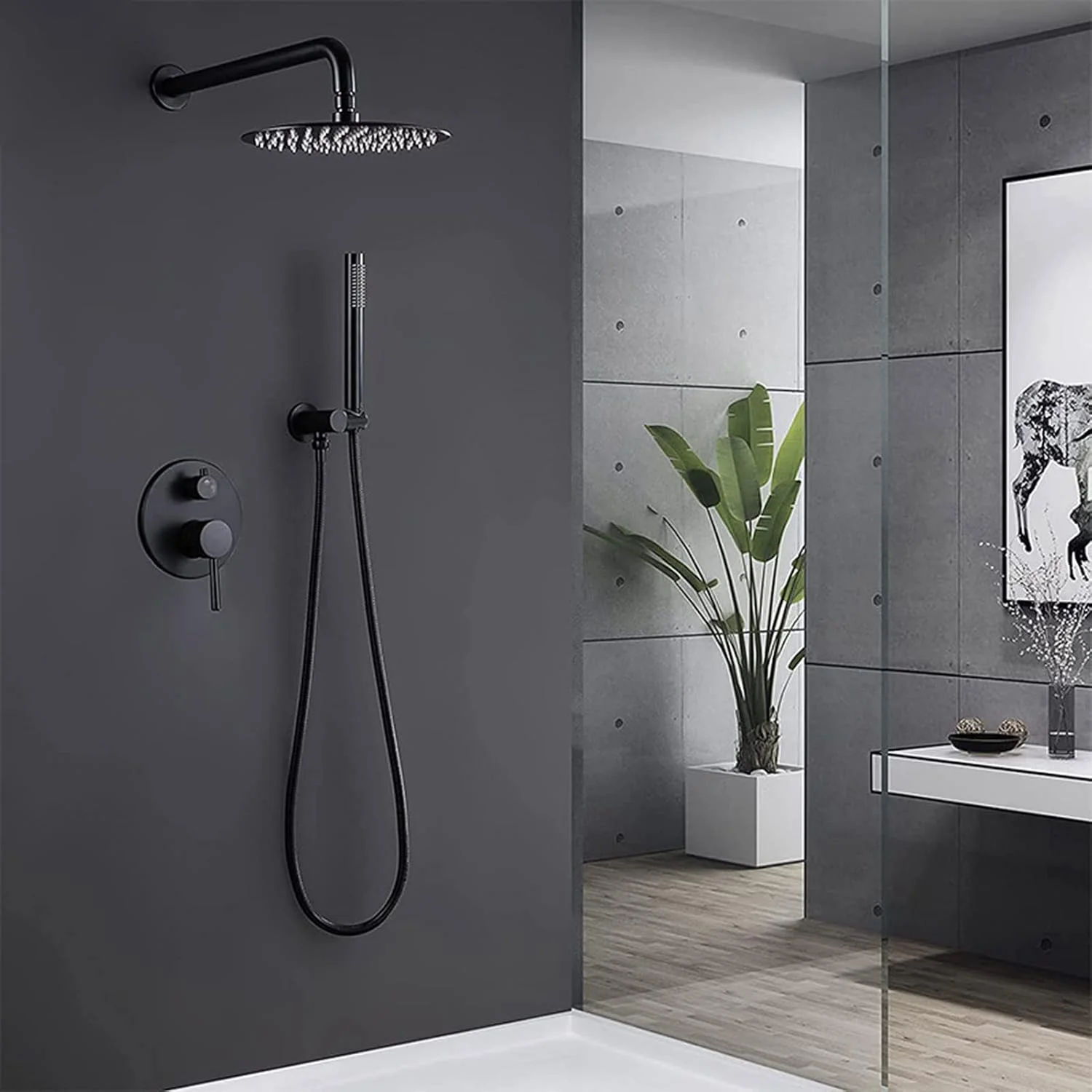 سردوش حمام مشکی بارانی به همراه ست دستی، سردوش دوگانه دیواری با فشار قوی، ست شیرآلات حمام