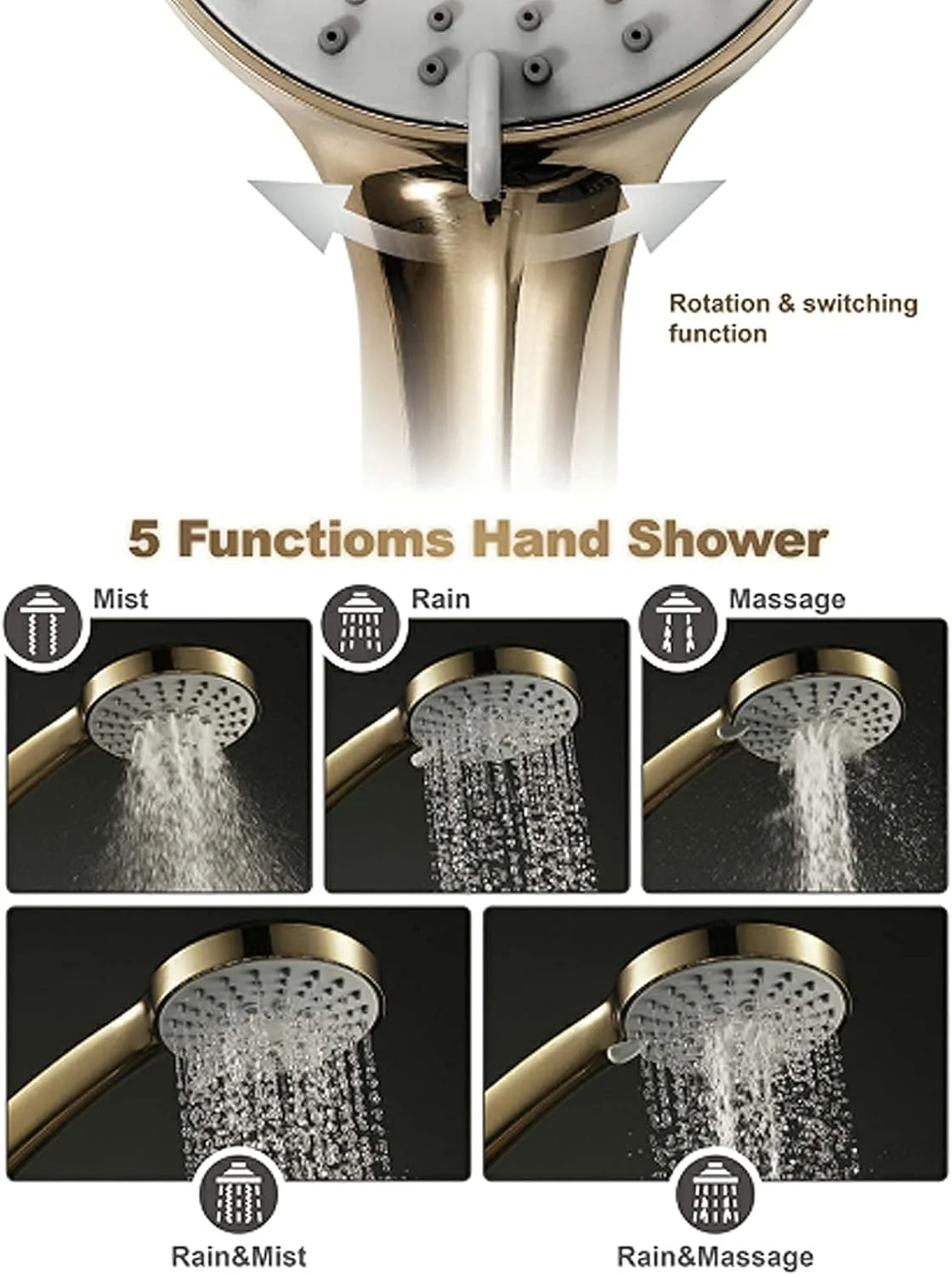 ست دوش دستی حمام، توالت، اتاق دوش، ABS طلایی برس خورده، سر دوش دستی با نازل سیلیکونی، شلنگ دوش، نمایش