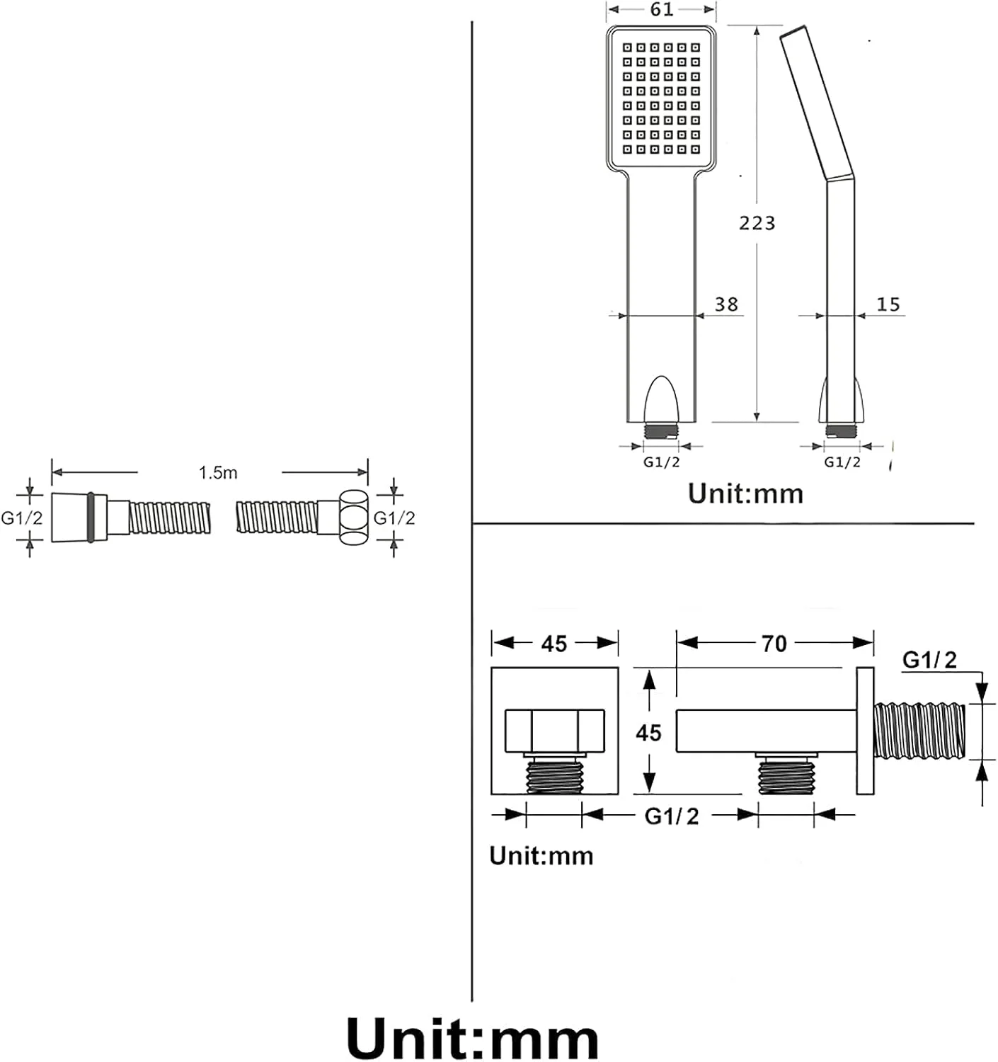 مجموعه سر دوش دستی حمام، توالت، اتاق دوش، سر دوش دستی ABS، سر دوش بارانی، سر دوش ماساژ اسپا، سر دوش دستی مربعی با شلنگ دوش، نگهدارنده دوش، طلایی تیتانیوم B