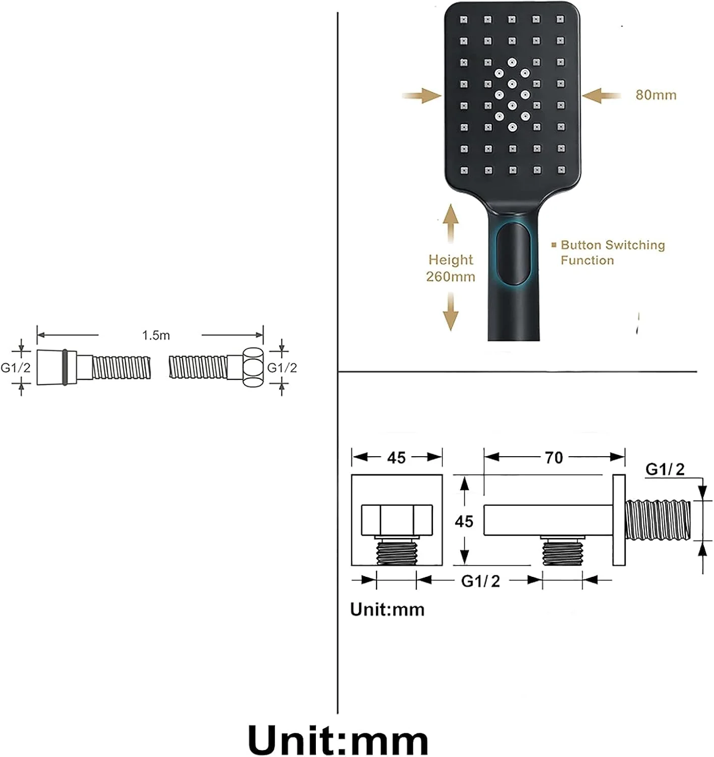 مجموعه سر دوش چند منظوره دستی برای حمام، توالت و اتاق دوش، سر دوش دستی ABS، سر دوش بارانی، سر دوش ماساژ اسپا، سر دوش دستی مربعی با شلنگ دوش و نگهدارنده دوش، مشکی