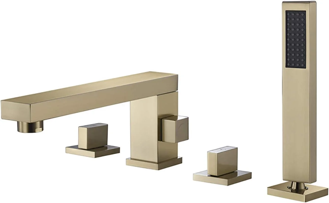 شیر حمام با دوش دستی، شیر پرکن وان برنجی با دهانه بزرگ، شیر وان 2 دسته 4 سوراخ، شیر مخلوط کن پرکن نصب شده روی عرشه برای حمام، طلایی برس خورده