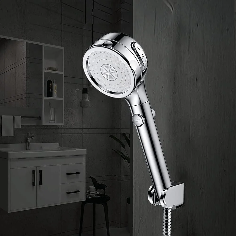 سردوش حمام دستی نقره ای با فشار قوی و 3 حالت مختلف به همراه دکمه توقف و حالت های پاشش قدرتمند