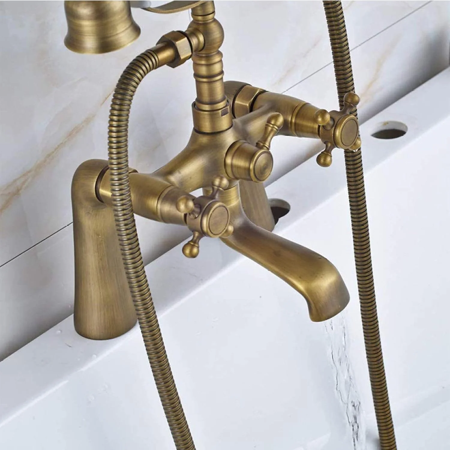 شیر حمام با دوش دستی، شیر حمام و دوش نصب شده روی عرشه، شیر حمام دو دسته، شیر مخلوط حمام برنجی عتیقه، برنج عتیقه