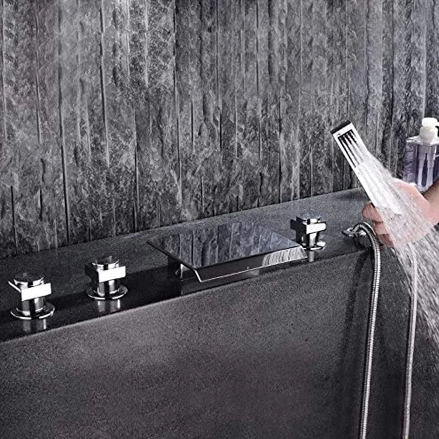 شیرآلات وان حمام کروم، پرکننده وان با دوش دستی، شیرآلات وان حمام آبشاری 5 سوراخ 3 دسته، ست شیرآلات مخلوط حمام، برنج جامد