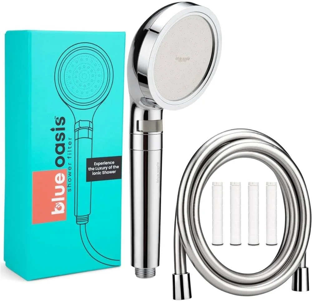 مجموعه فیلتر دوش یونی Blue Oasis | فیلتر استوانه ای نقره ای + 4 کارتریج دوتایی و شلنگ 2 متری | تایید شده توسط TUV، تصفیه کننده آب سخت 99% برای پوست و موی سالم تر | فیلتراسیون با فشار بالا مجموعه فیلتر دوش یونی Blue Oasis | فیلتر استوانه ای نقره ای + 4 کارتریج دوتایی و شلنگ 2 متری | تایید شده توسط TUV، تصفیه کننده آب سخت 99% برای پوست و موی سالم تر | فیلتراسیون با فشار بالا