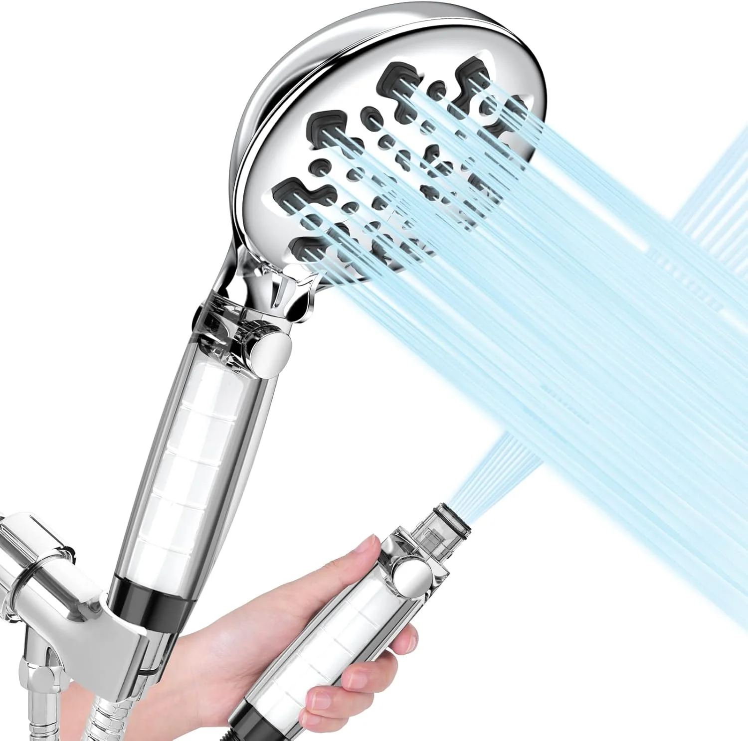 سردوش فیلتردار BLUZZO، سردوش فشار قوی به همراه گوشی دستی، سردوش دستی با 10 حالت پاشش به همراه شلنگ و پایه، فیلتر سردوش پنلی 5 اینچی برای آب سخت، نازل های ضد گرفتگی