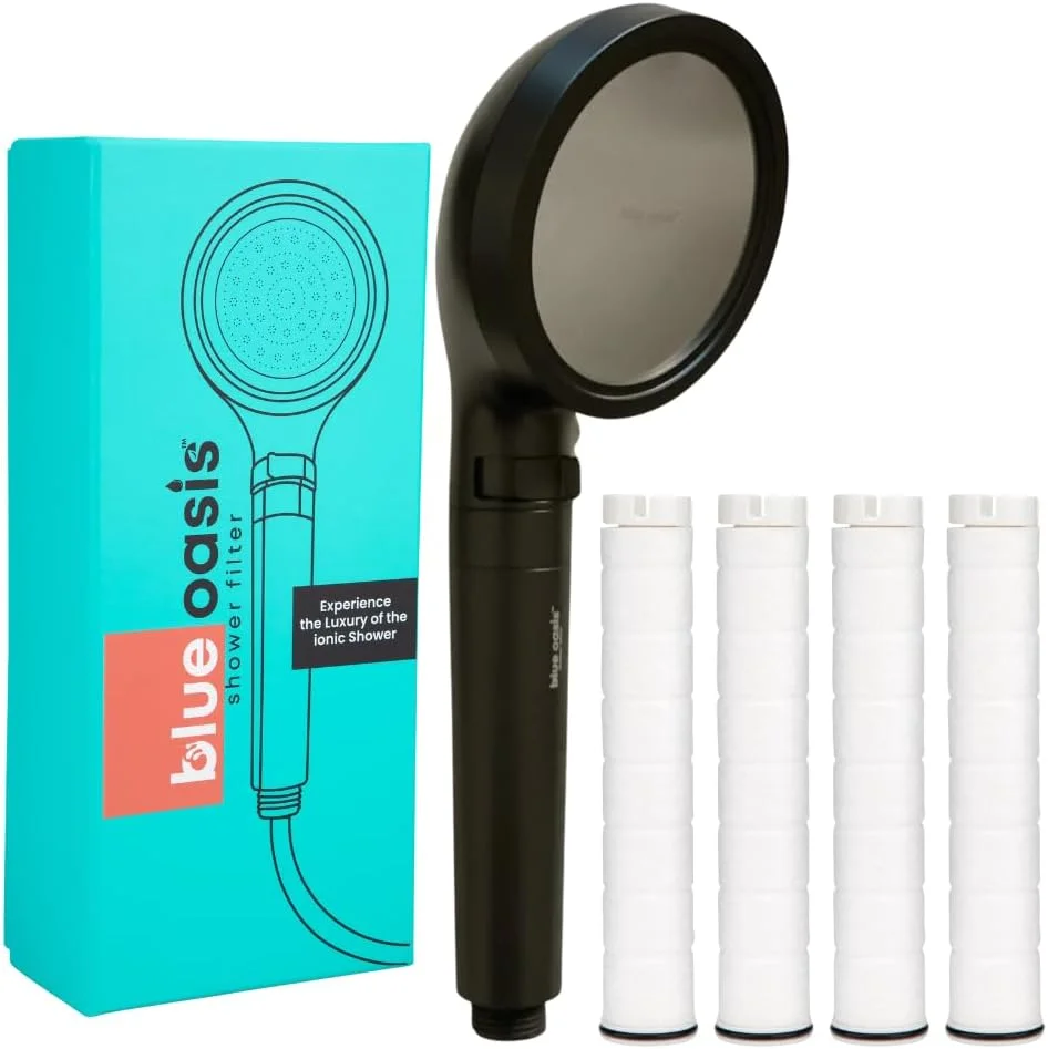 سر دوش یونی و فیلتر دوش Blue Oasis دارای گواهی TUV با فناوری KDF-55 و فیبر کربن، کلر و سختی آب را از بین می برد، مراقبت از پوست و مو (مشکی)