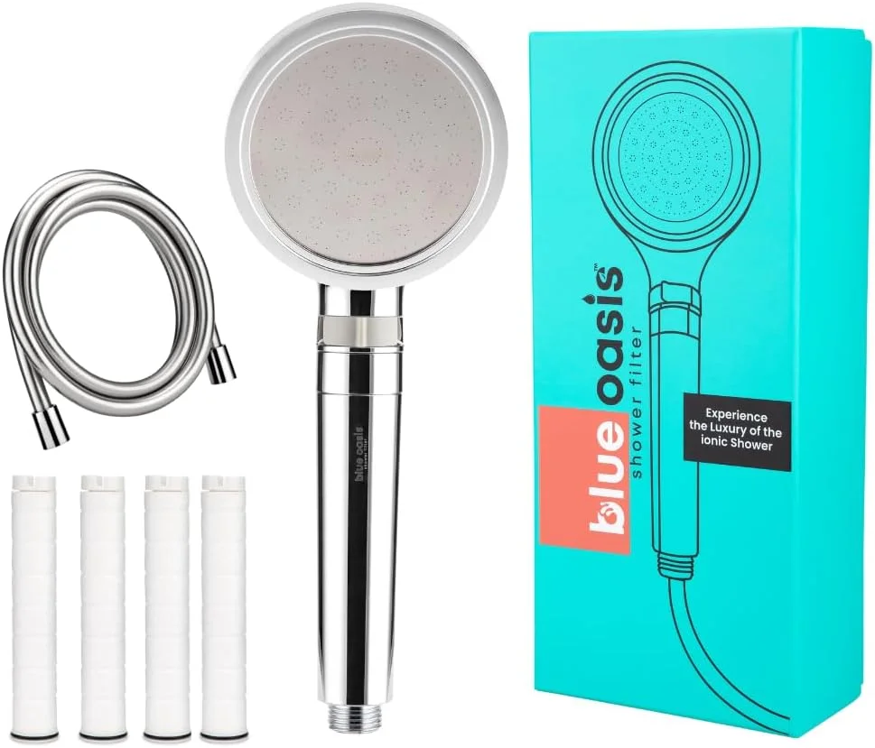 مجموعه فیلتر دوش یونی Blue Oasis | فیلتر استوانه ای نقره ای + 4 کارتریج دوتایی و شلنگ 2 متری | تایید شده توسط TUV، تصفیه کننده آب سخت 99% برای پوست و موی سالم تر | فیلتراسیون با فشار بالا