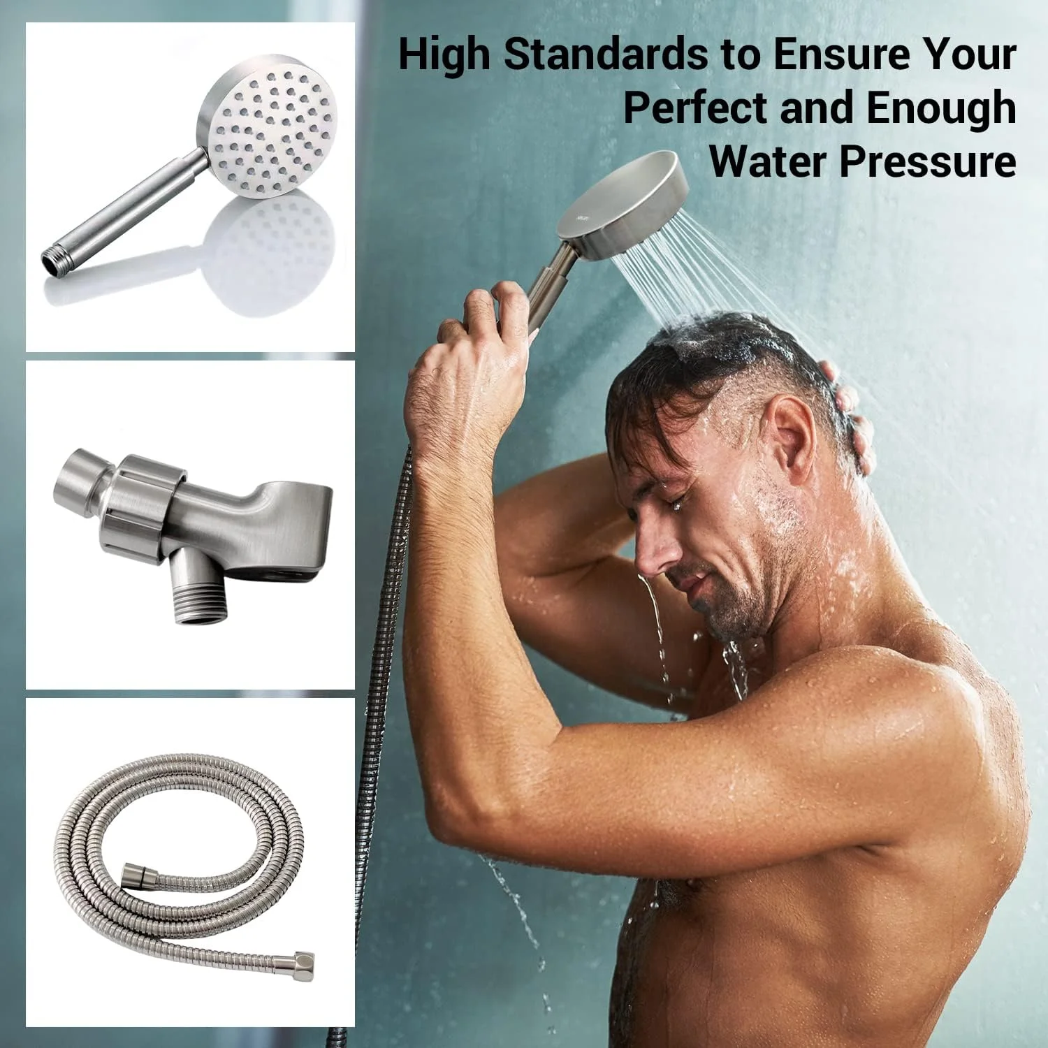 سردوش حمام تمام فلزی نیکل برس خورده با شلنگ و نگهدارنده مفصلی – سردوش دستی فشار قوی با شلنگ 1.8 متری و 2.5 GPM قابل تنظیم – سردوش دستی تمام فلزی