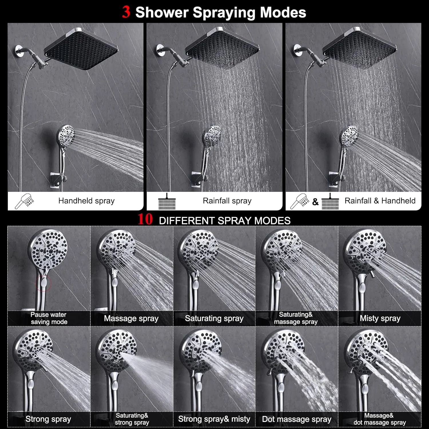 سردوش بارانی BSTHAONE با سردوشی دستی، سردوش بارانی 14 اینچی، سردوش ثابت فشار قوی و سردوشی دستی با 10 حالت پاشش، لوازم جانبی حمام، کروم