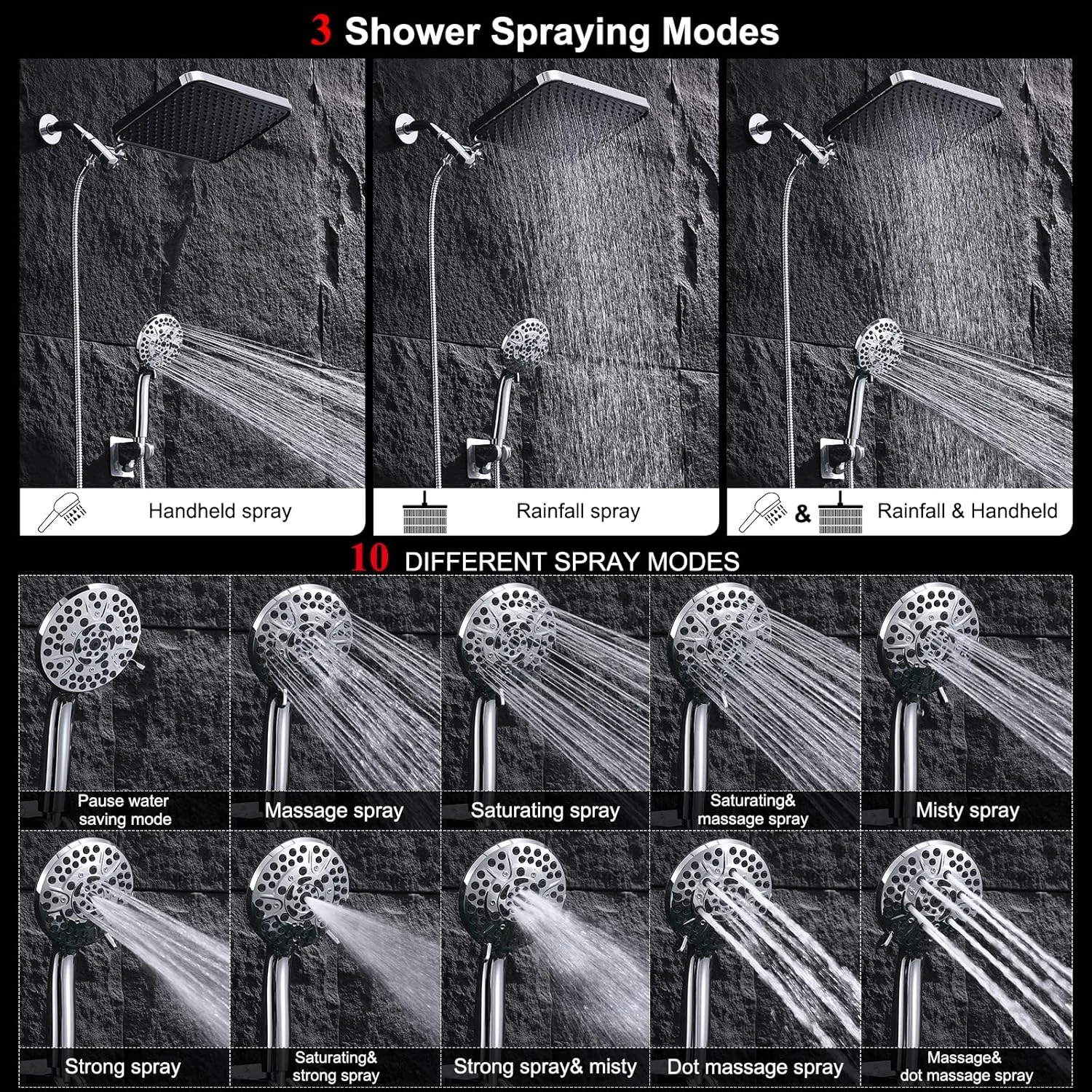 سردوش بارانی - سردوش مربعی 35 سانتی متری با سردوش دستی 10 حالته، ست ترکیبی بارانی 3 طرفه، فشار قوی دوگانه، بازوی قابل تنظیم ارتفاع و شلنگ بلند برای زوج ها و کودکان