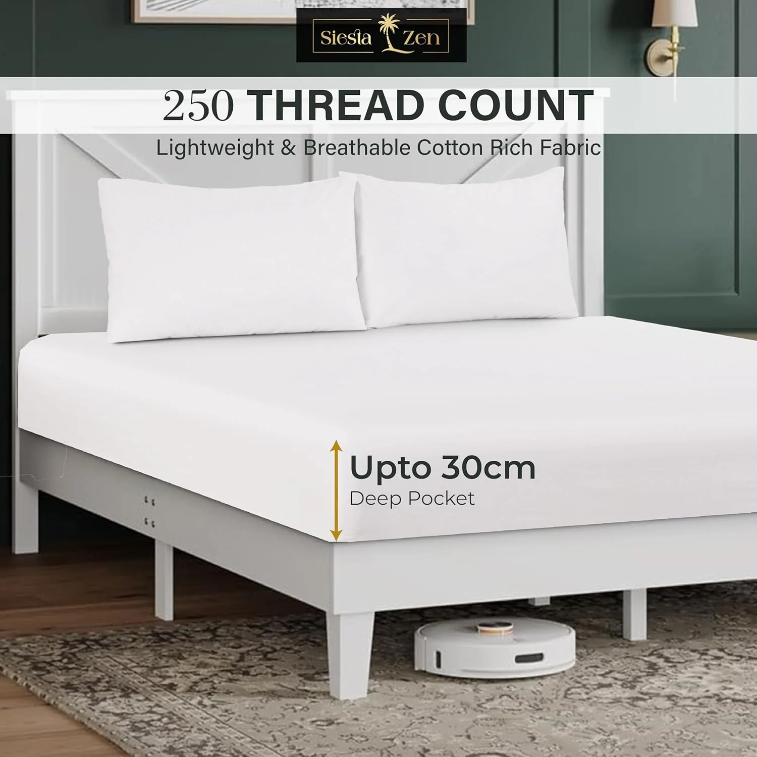 ست سه تکه ملحفه کش‌دار سیستا ذن، کیفیت عالی، TC 250، غنی از پنبه، تمام کش، جیب عمیق 30 سانتی‌متری، فوق‌العاده نرم، تنفس‌پذیر، مقاوم در برابر چروک (1 عدد ملحفه کش‌دار دو نفره 140x200 سانتی‌متر + 2 عدد روبالشتی) (سفید، دو نفره)