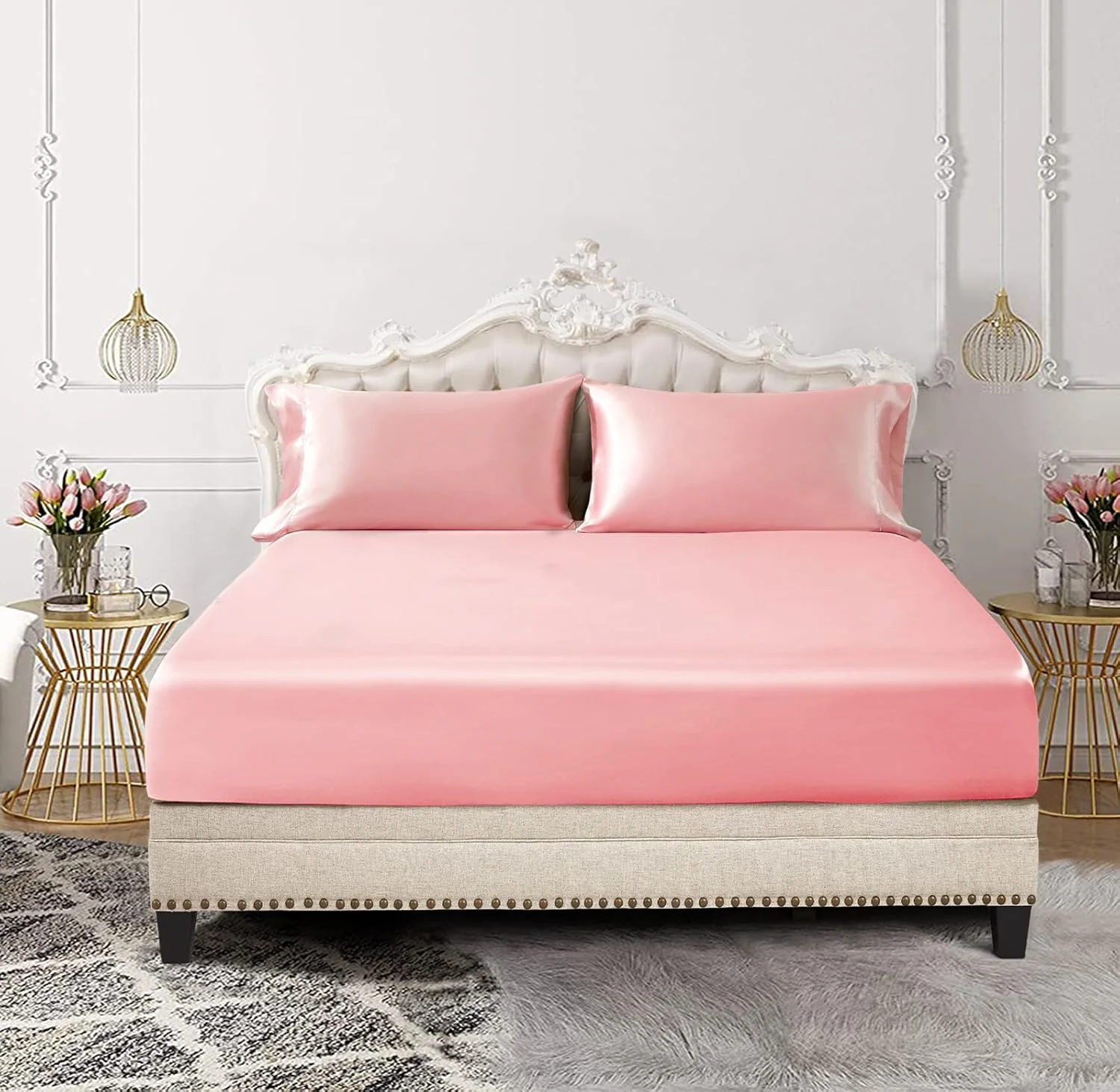 ست 3 تکه ملافه کش دار ساتن SiinvdaBZX، سایز یک نفره و 2 روبالشتی، رنگ صورتی گلگون، ملایم و ابریشمی، ضد چروک، مقاوم در برابر رنگ پریدگی، ملافه تخت با عمق زیاد (تا 15 اینچ)