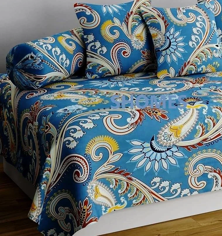 روکش دیوان طرح جیپوری نخی نرم و خالص 8 تکه - 1 عدد ملحفه یک نفره (152 X 228 سانتی متر) به همراه 5 عدد کوسن (40 X 40 سانتی متر)، 2 عدد روکش بالش استوانه ای (40 X 81 سانتی متر) - جیپوری آبی