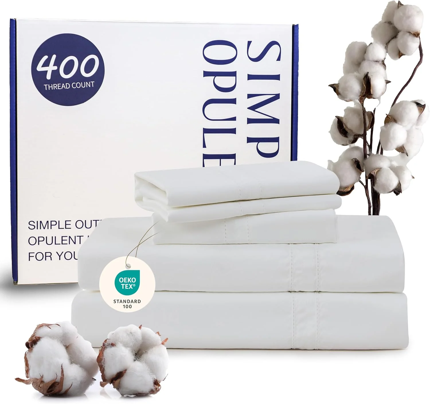 ملحفه های کویین 100% پنبه مصری با تراکم 400، ست 4 تکه با الیاف بلند، بافت ساتن نرم و خالص - پاکت عمیق 16 اینچی (40 سانتی متر) خنک کننده، ملحفه تخت خواب لوکس با دوخت دوبل (سفید، کویین)