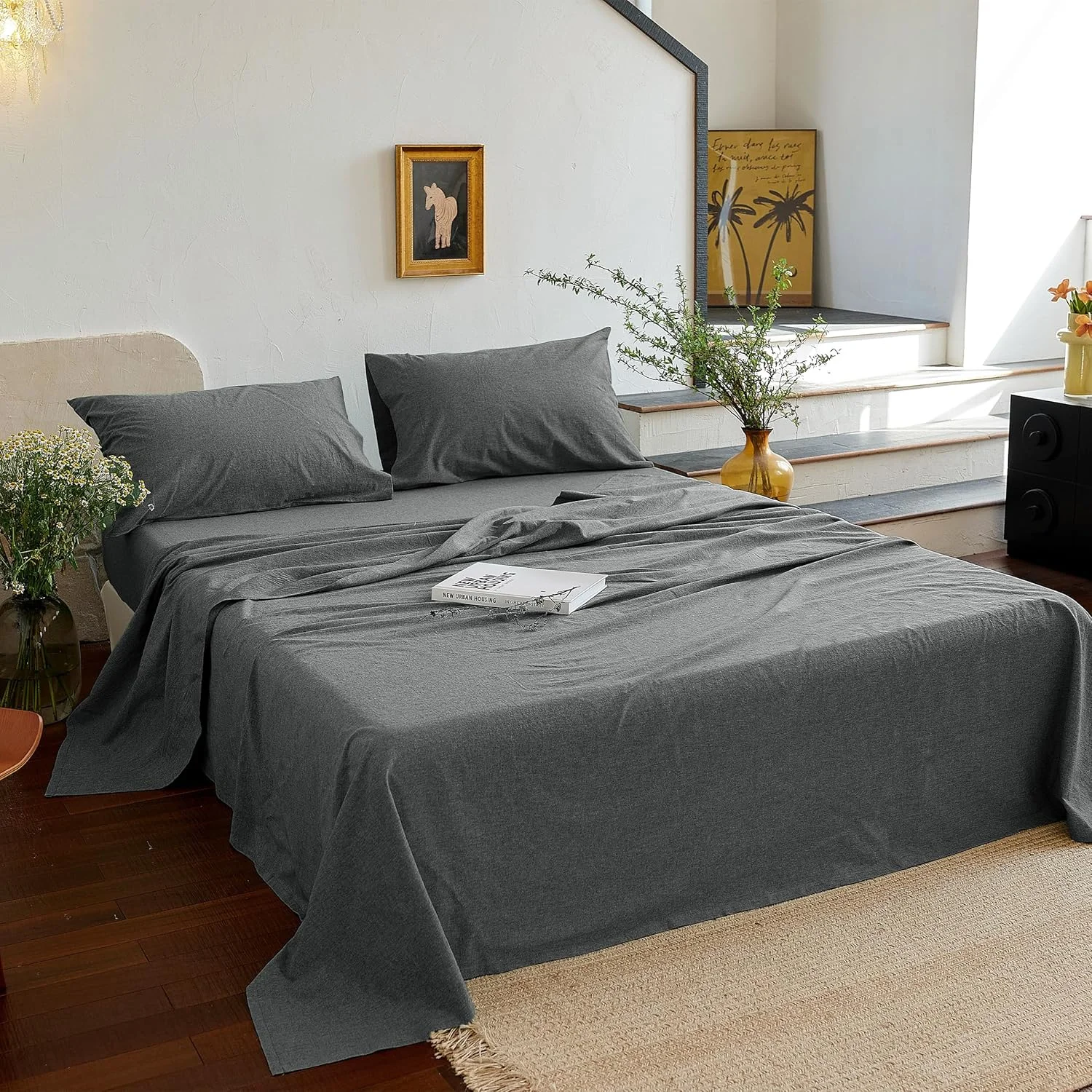 ست ملحفه کتان 100% شسته شده سایز کینگ - 4 تکه ملحفه تخت خواب طبیعی به سبک روستایی با جیب های عمیق 15 اینچی (38 سانتی متر)، بافت ساتن، تنفس پذیر و بادوام برای تمام فصول (خاکستری تیره، کینگ)