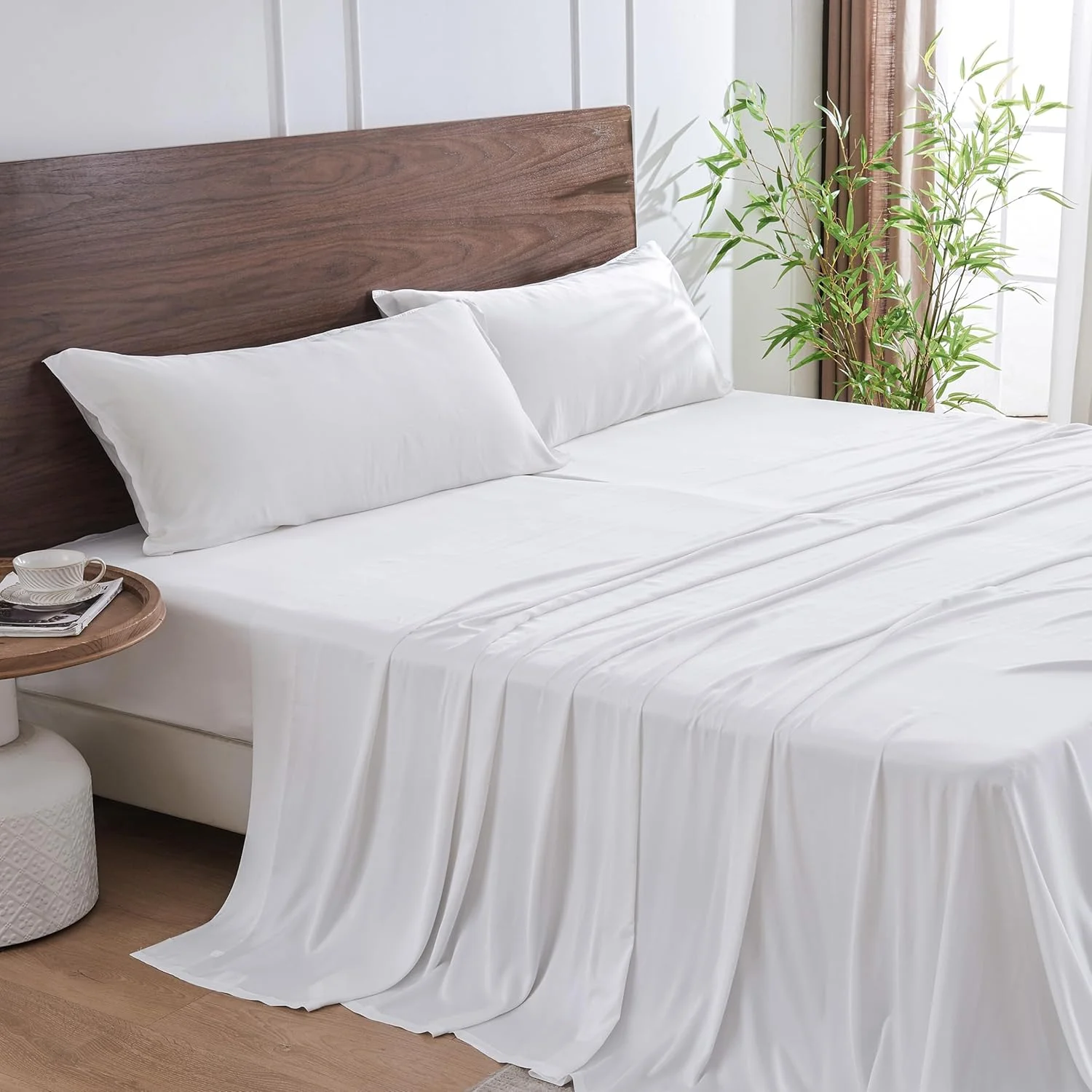 ست ملحفه 5 تکه ویسکوز 100% بامبو Simple&Opulence، خنک کننده برای افراد گرمایی، ست ملحفه نرم و قابل تنفس، جیب های عمیق 15 اینچی، ملحفه های ملافه ابریشمی لوکس هتل (سفید، کینگ دوتایی)