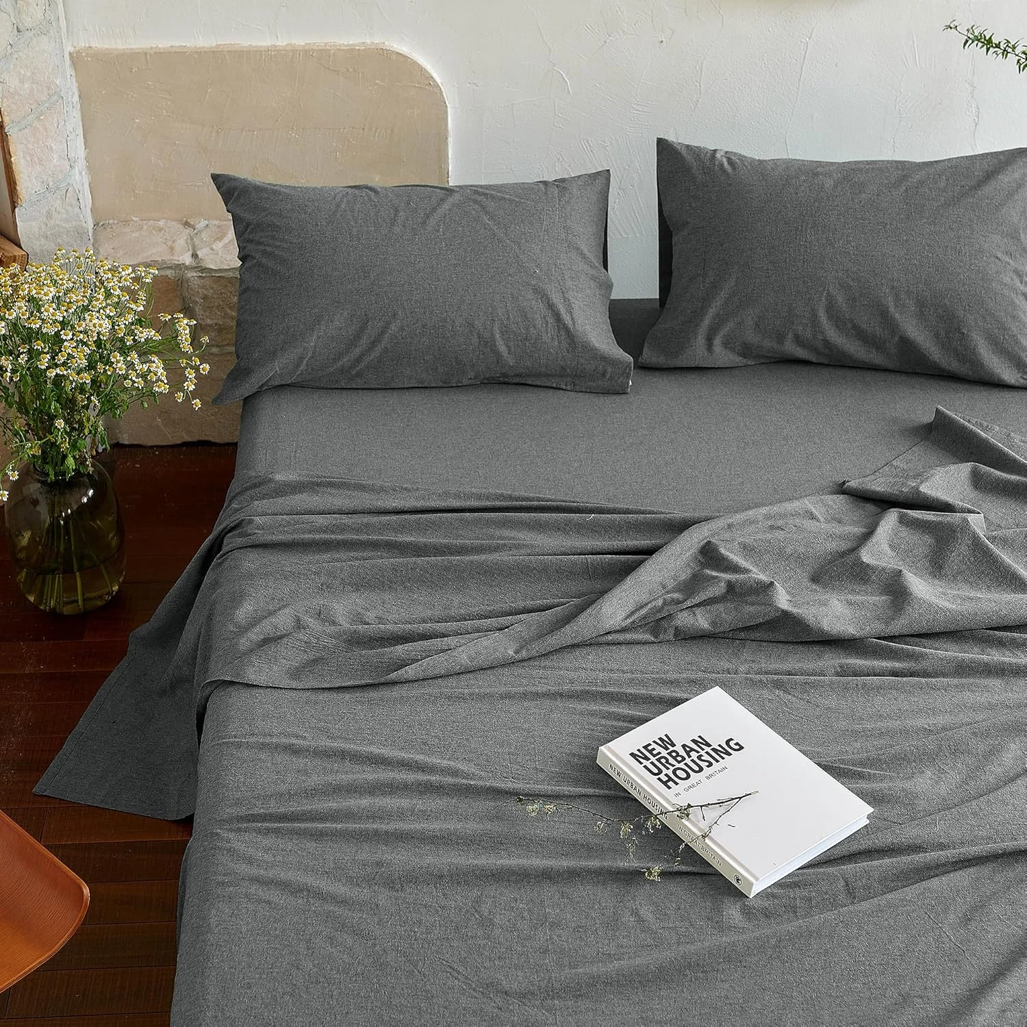 ست ملحفه کتان 100% شسته شده سایز کینگ - 4 تکه ملحفه تخت خواب طبیعی به سبک روستایی با جیب های عمیق 15 اینچی (38 سانتی متر)، بافت ساتن، تنفس پذیر و بادوام برای تمام فصول (خاکستری تیره، کینگ)