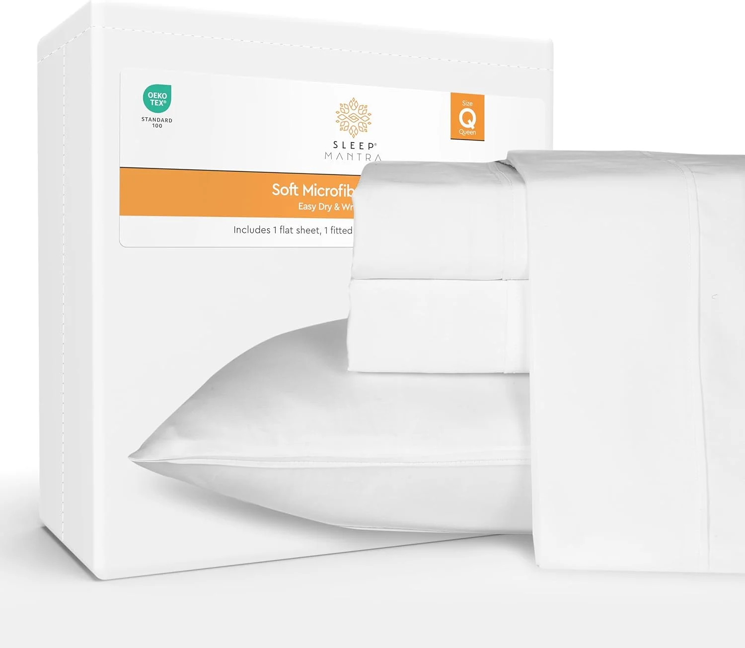 ست ملحفه میکروفایبر اسلیپ مانترا - شامل 1 ملحفه تخت و 1 ملحفه کش دار و 2 روبالشی - تنفس پذیر، نرم - بدون چروک و قابل شستشو در ماشین لباسشویی - ملحفه برای تخت سایز کوئین - سفید، ست 4 تکه