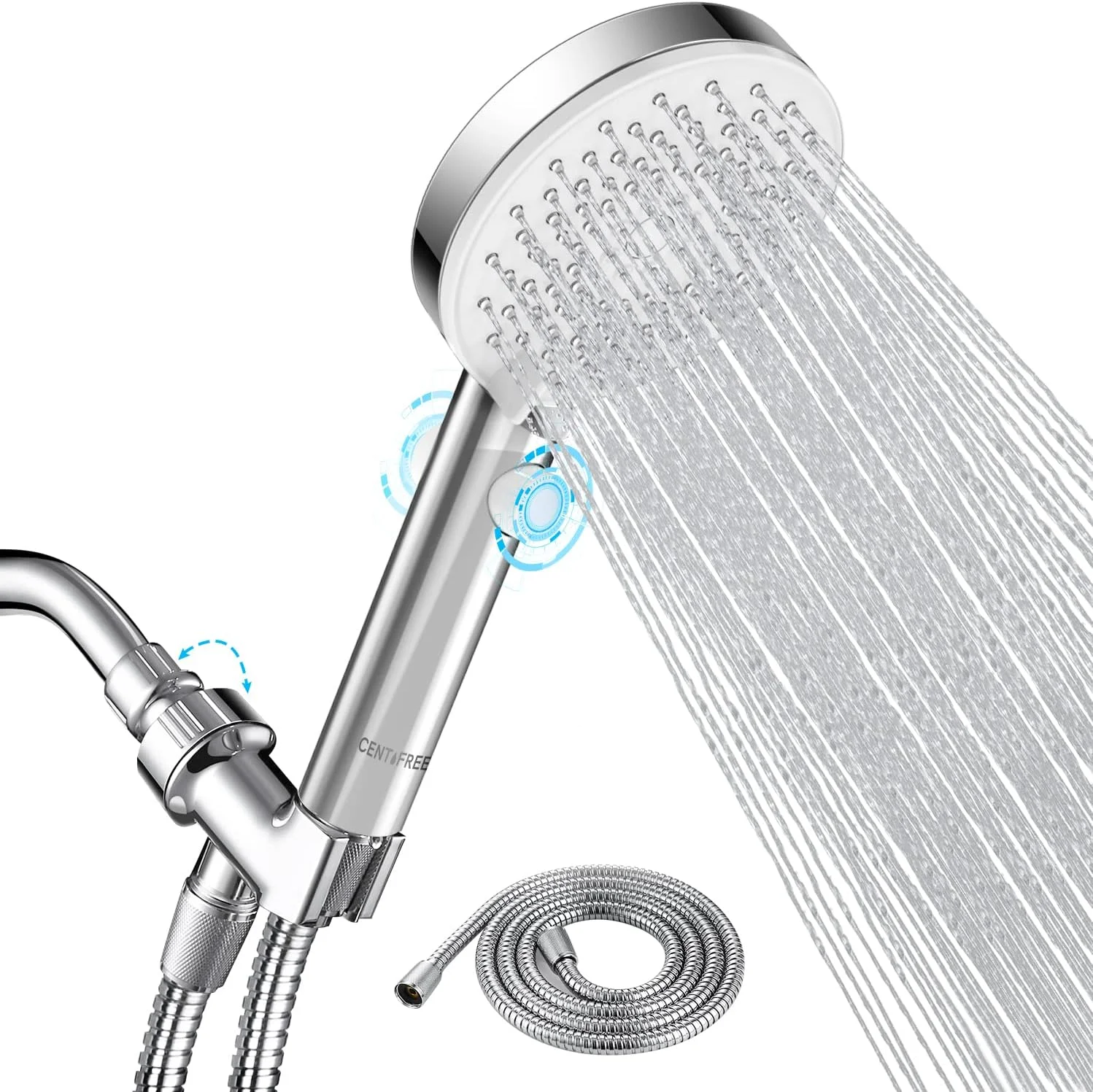 سردوش حمام فشار قوی CENTIFREE، سردوش دستی بارانی 4.5 اینچی با دکمه توقف، سردوش 3 حالته با شلنگ استیل ضد زنگ 71 اینچی، کروم